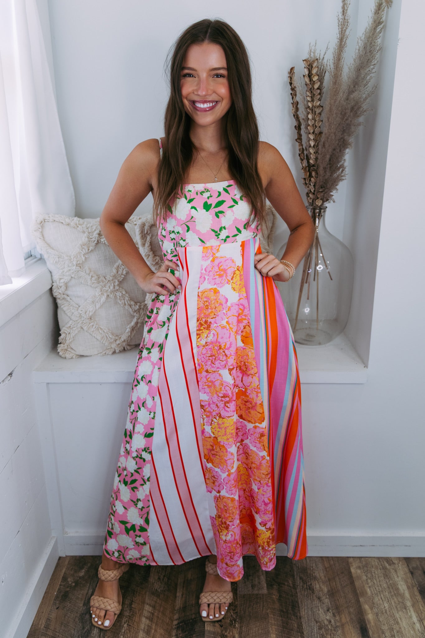 Floral and Stripes Colorblock Maxi Dress