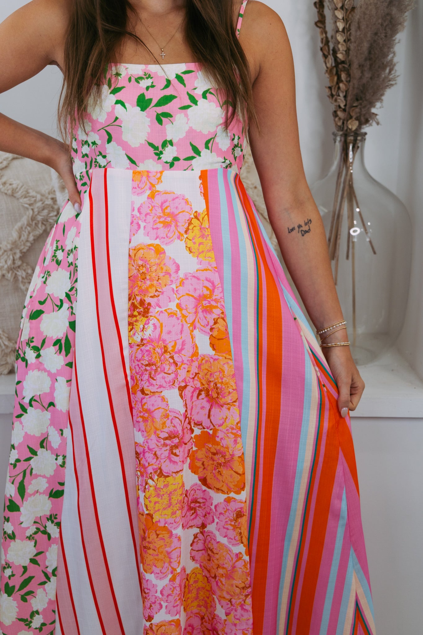 Floral and Stripes Colorblock Maxi Dress