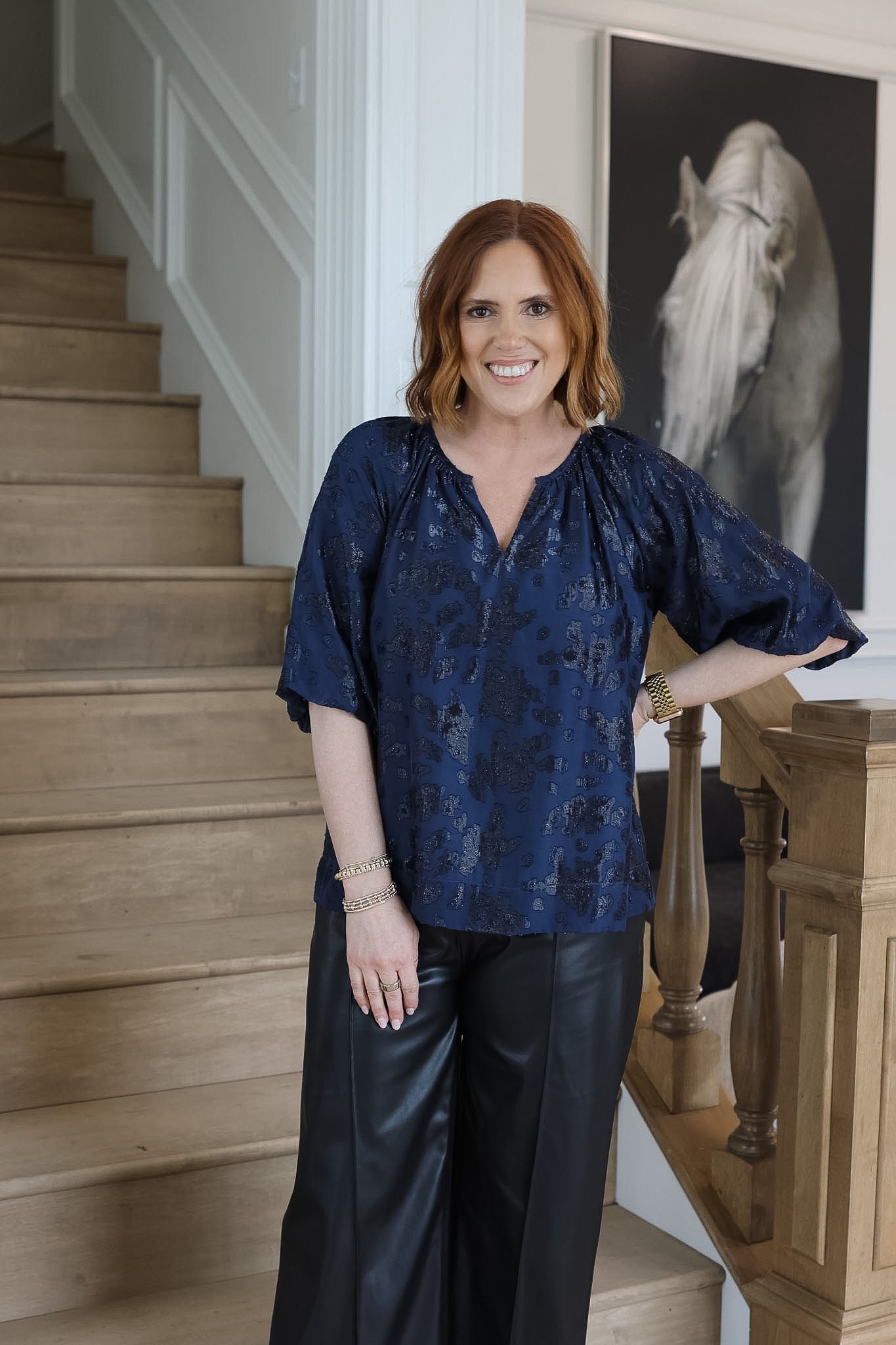 Navy Puff Sleeve Peasant Top