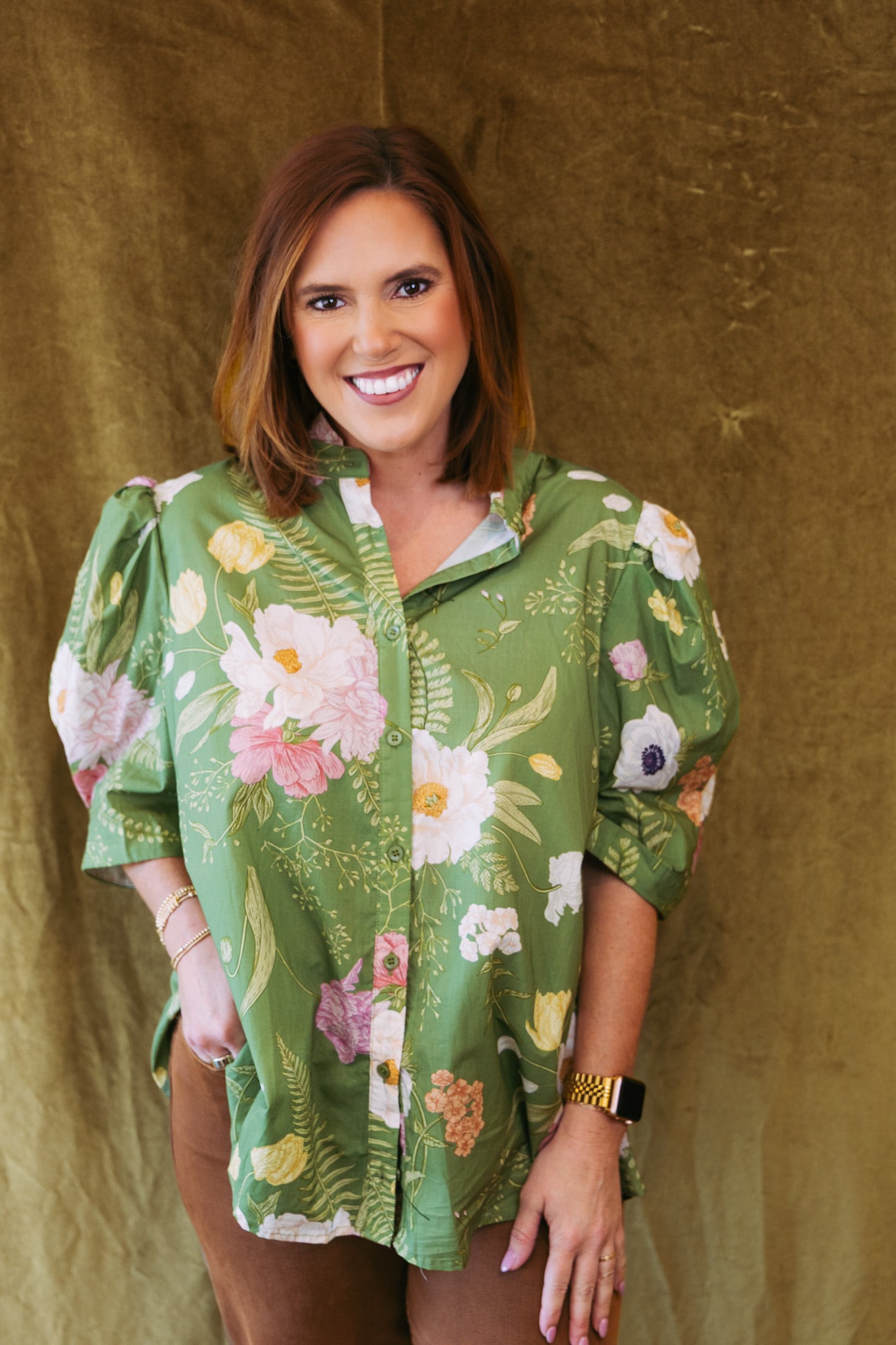 Curvy Talia Floral Top - Olive