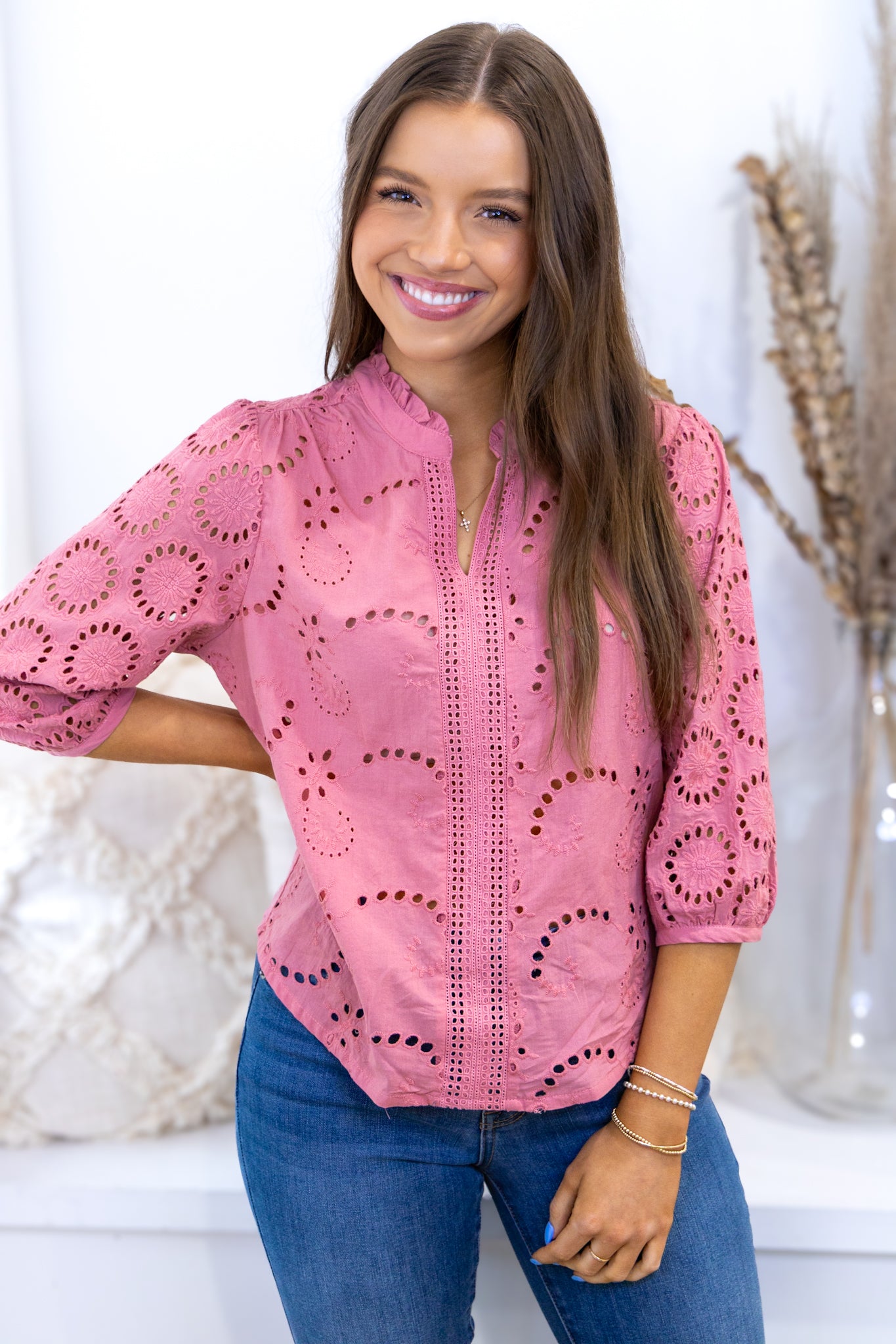 Alexandria Eyelet Blouse - Soft Cherry