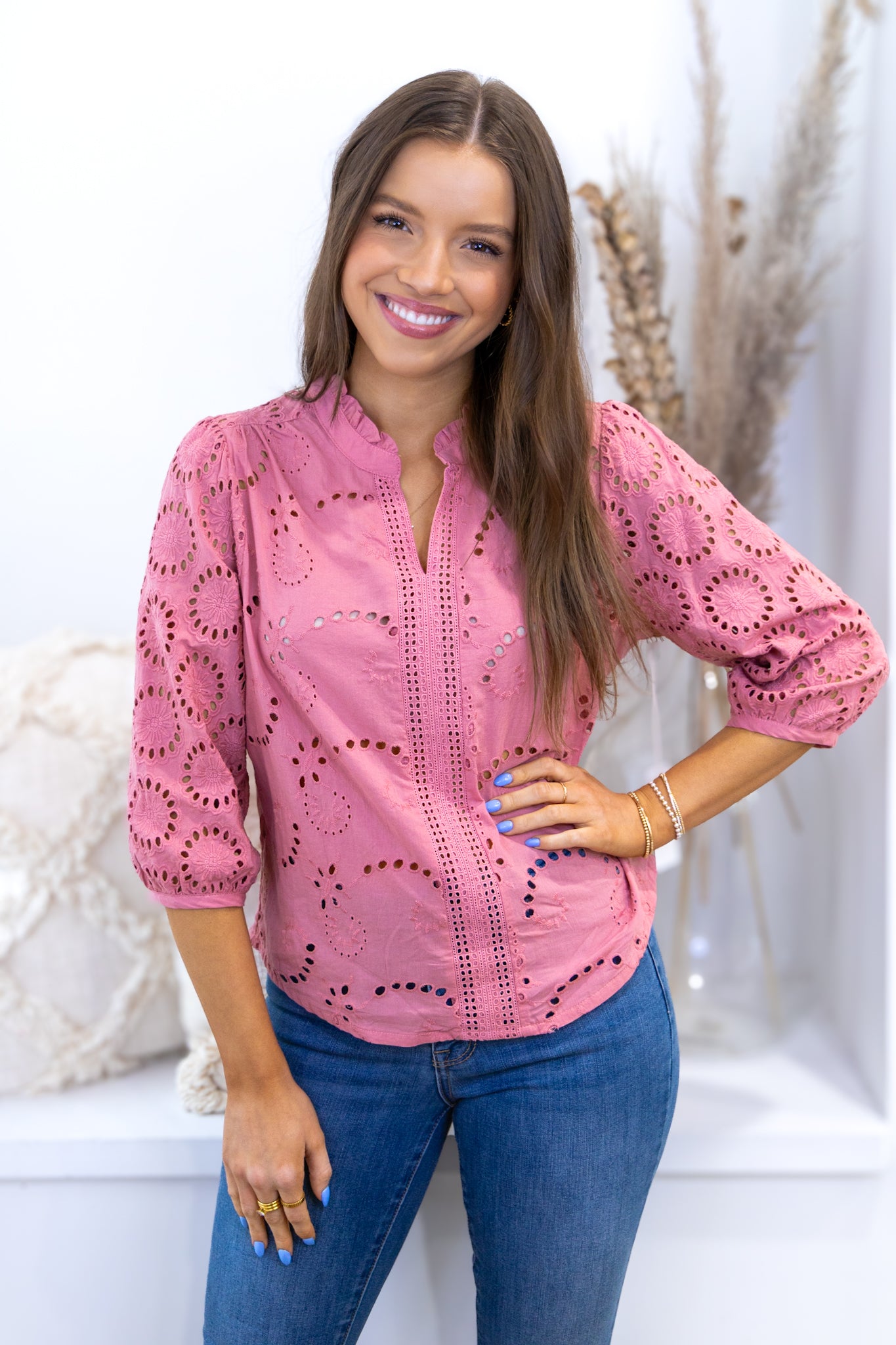 Alexandria Eyelet Blouse - Soft Cherry