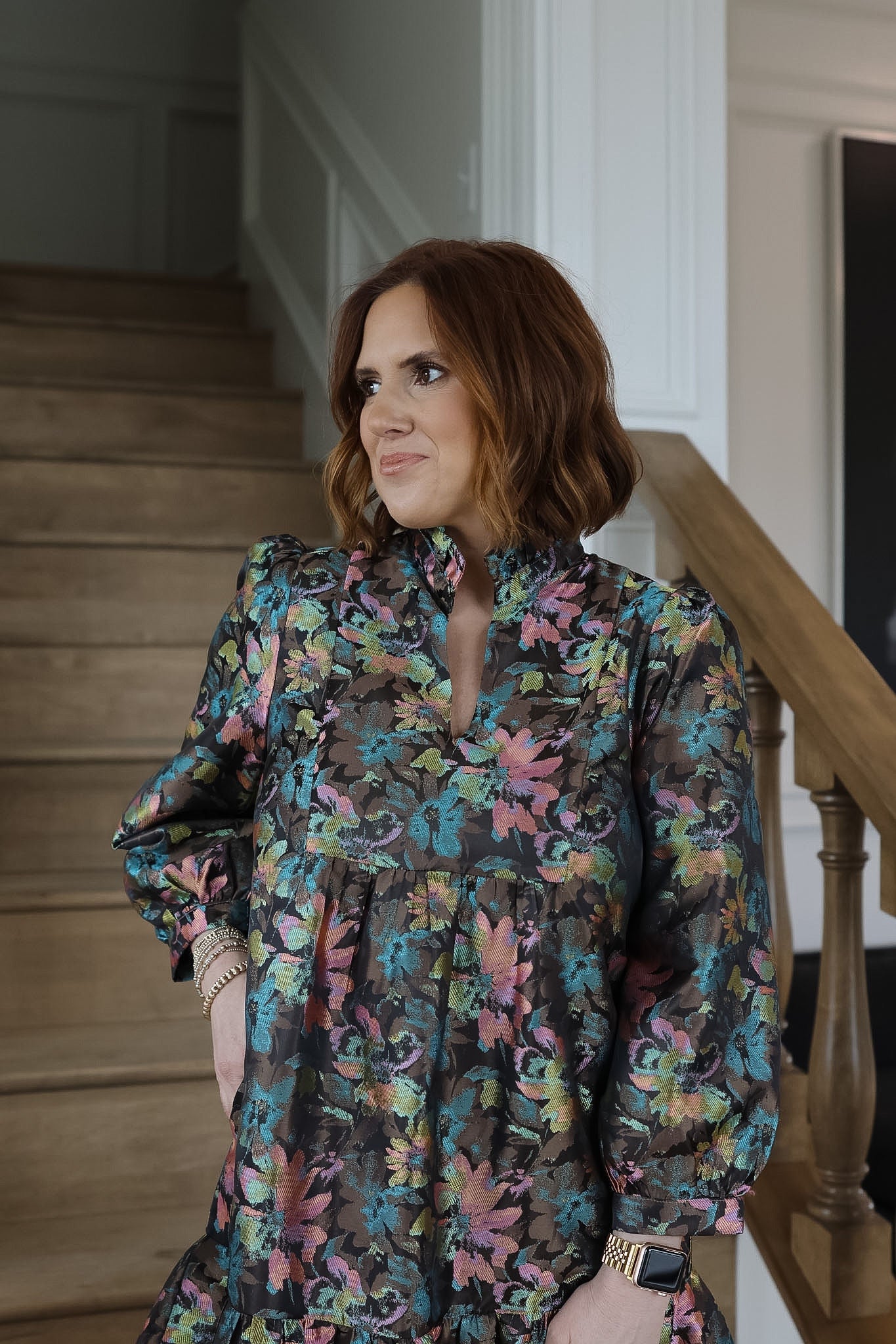 Vintage Floral High Neck Flounce Dress