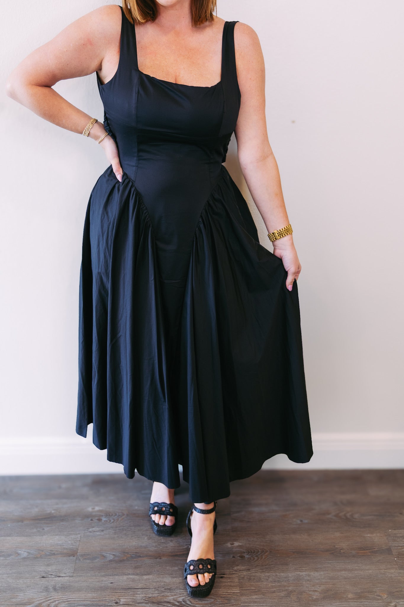 Lucille Poplin Midi Dress - Black