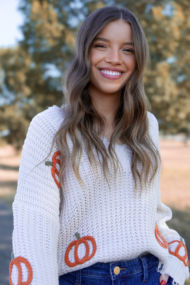 Pumpkin Patch Frayed Sweater