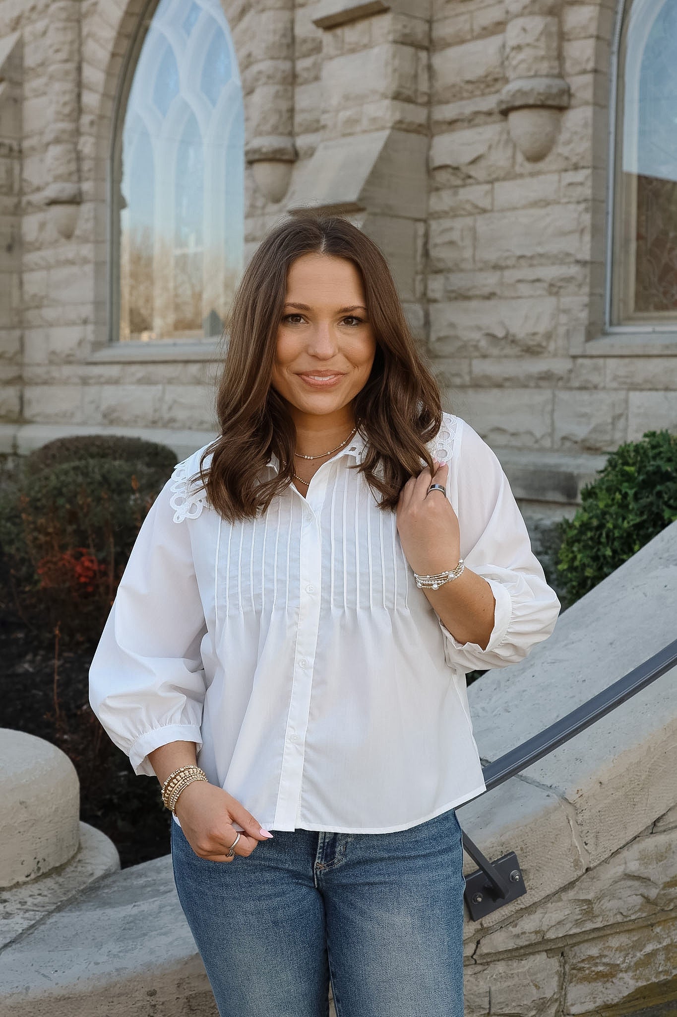 White Pin Tuck Collar Blouse