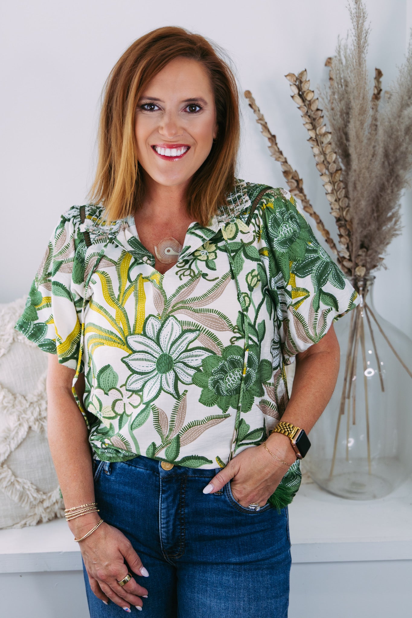 Smocked Neck Floral Top - Green