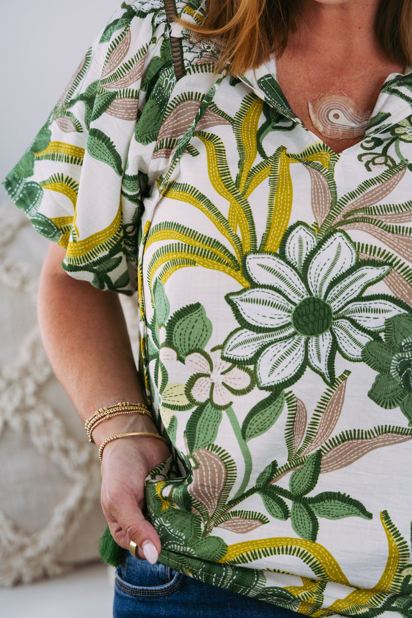 Smocked Neck Floral Top - Green
