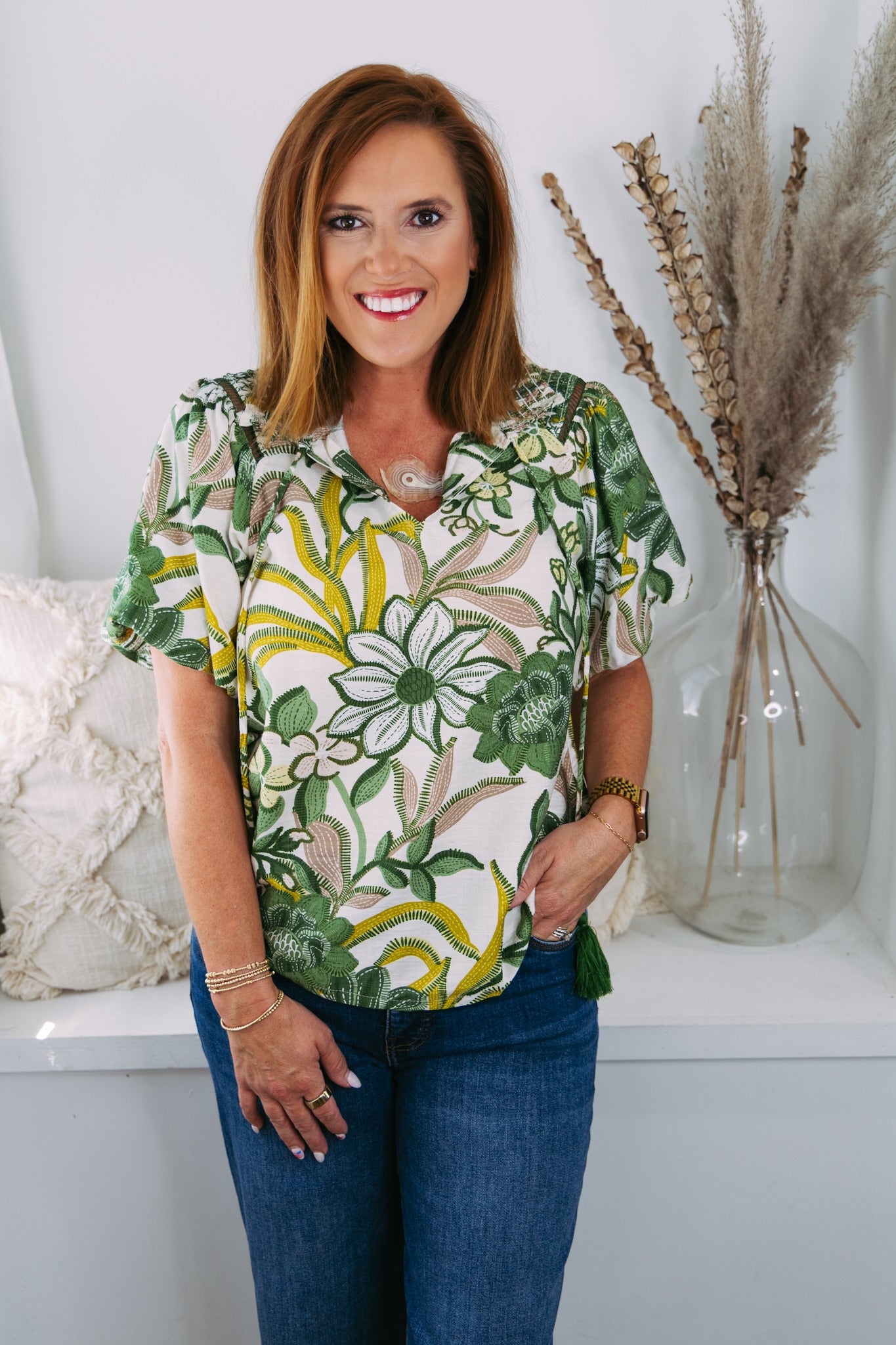 Smocked Neck Floral Top - Green