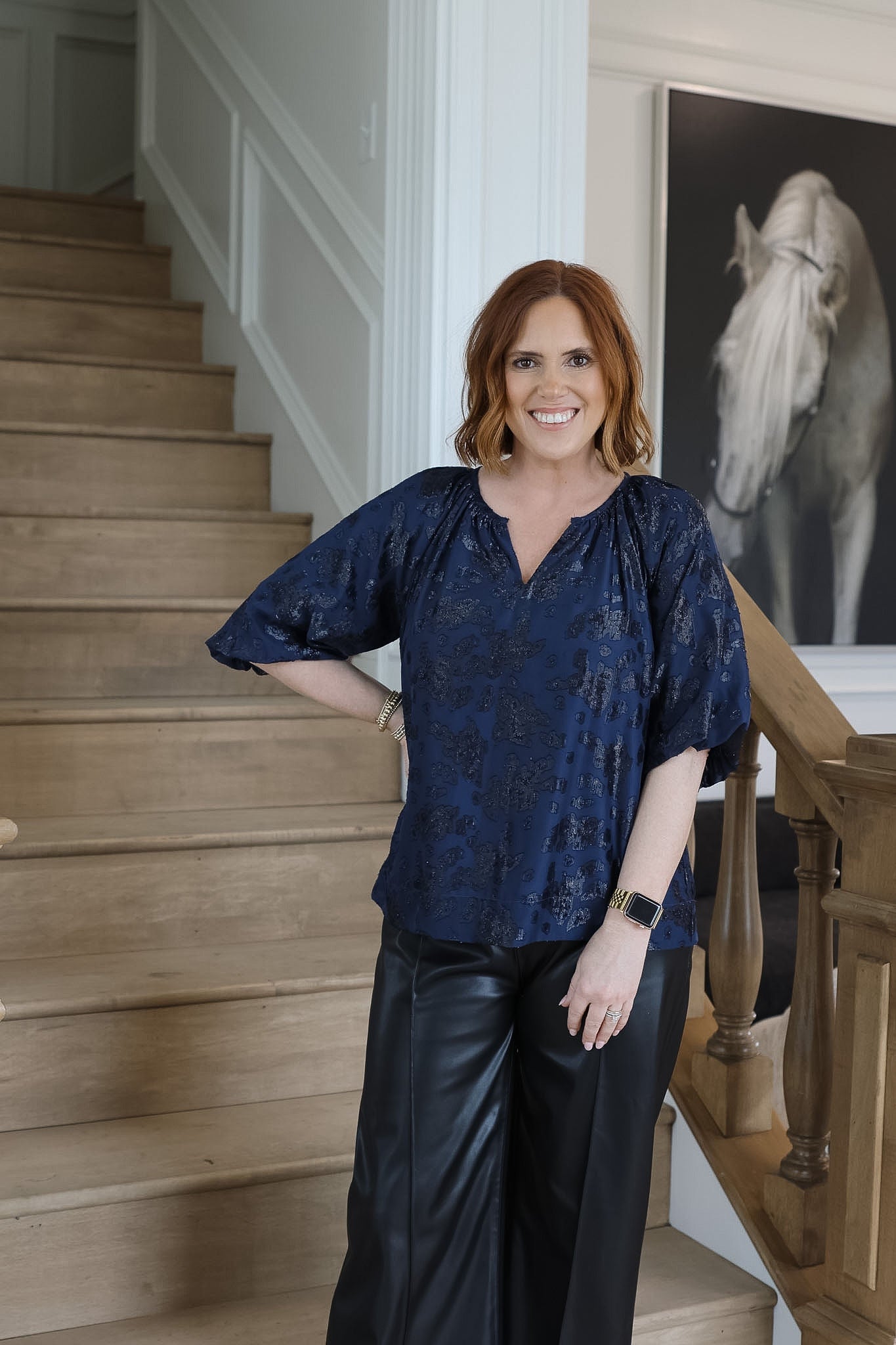 Navy Puff Sleeve Peasant Top