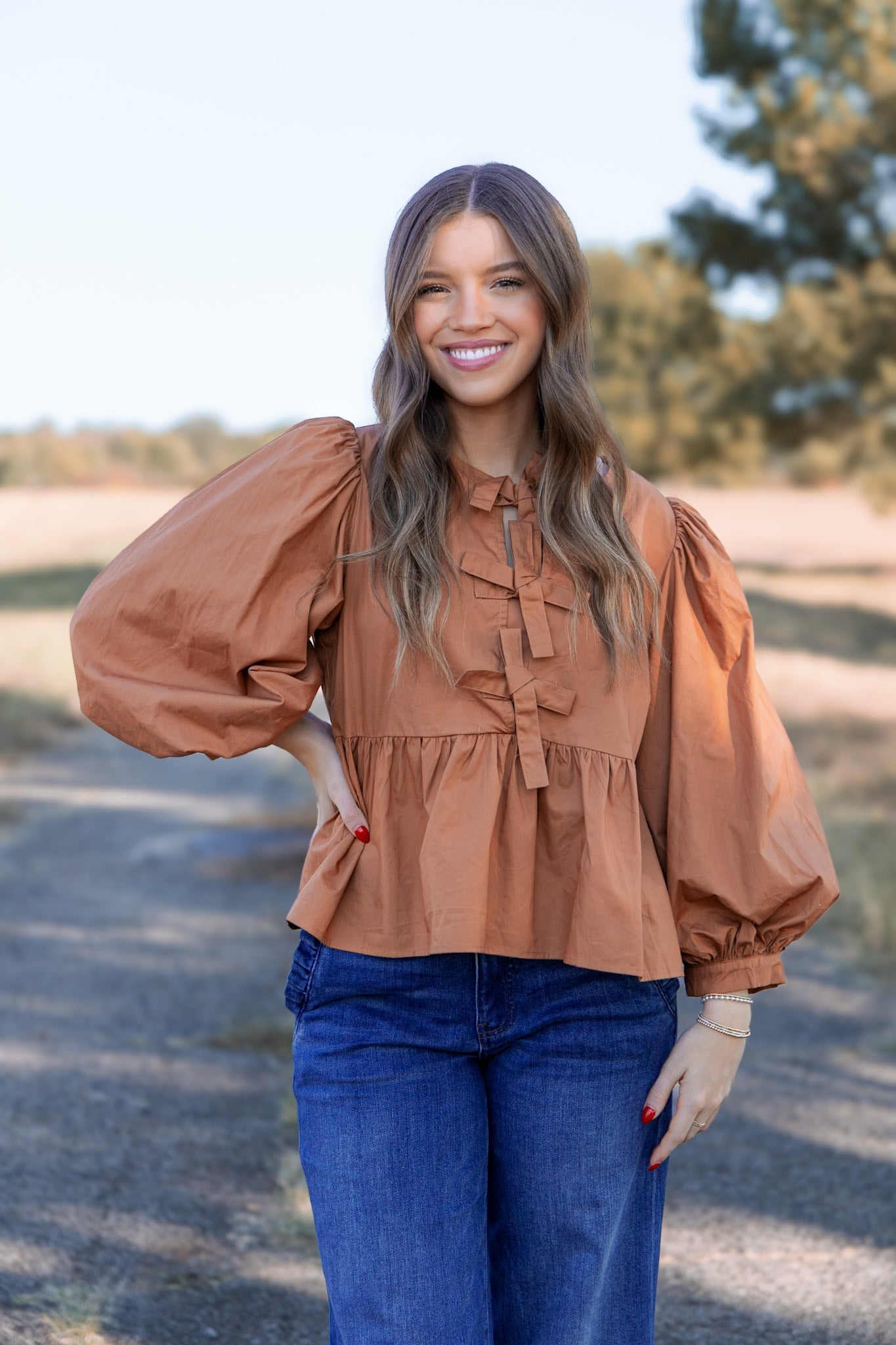 Babydoll Bow Blouse- Brown