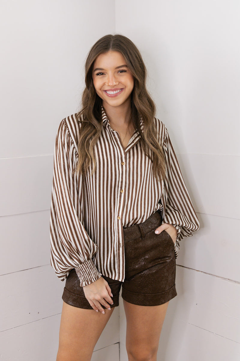 Sheer Bubble Sleeve Striped Blouse- Brown