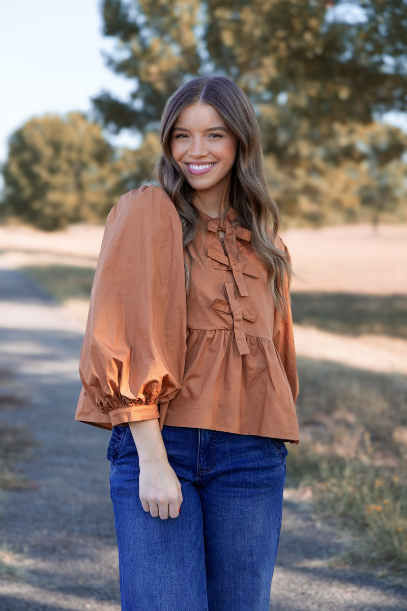 Babydoll Bow Blouse- Brown