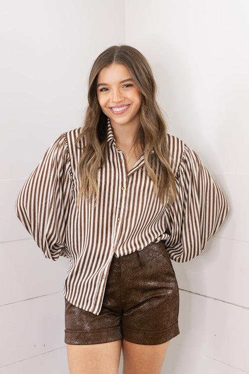 Sheer Bubble Sleeve Striped Blouse- Brown