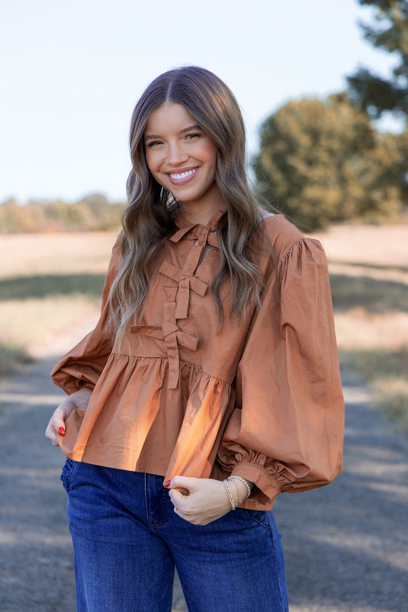 Babydoll Bow Blouse- Brown