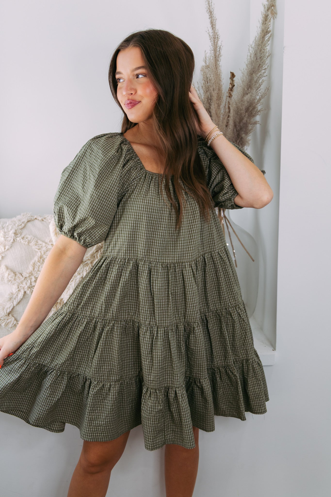 Gingham Tiered Dress - Olive