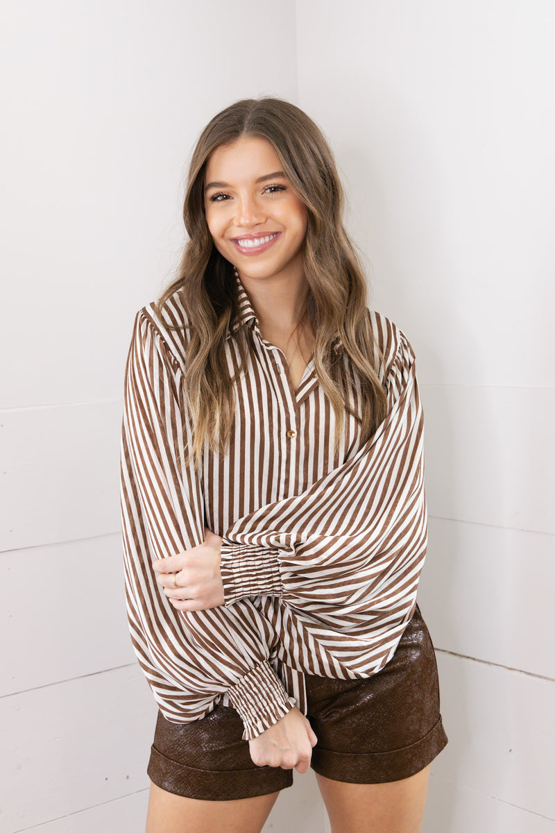 Sheer Bubble Sleeve Striped Blouse- Brown