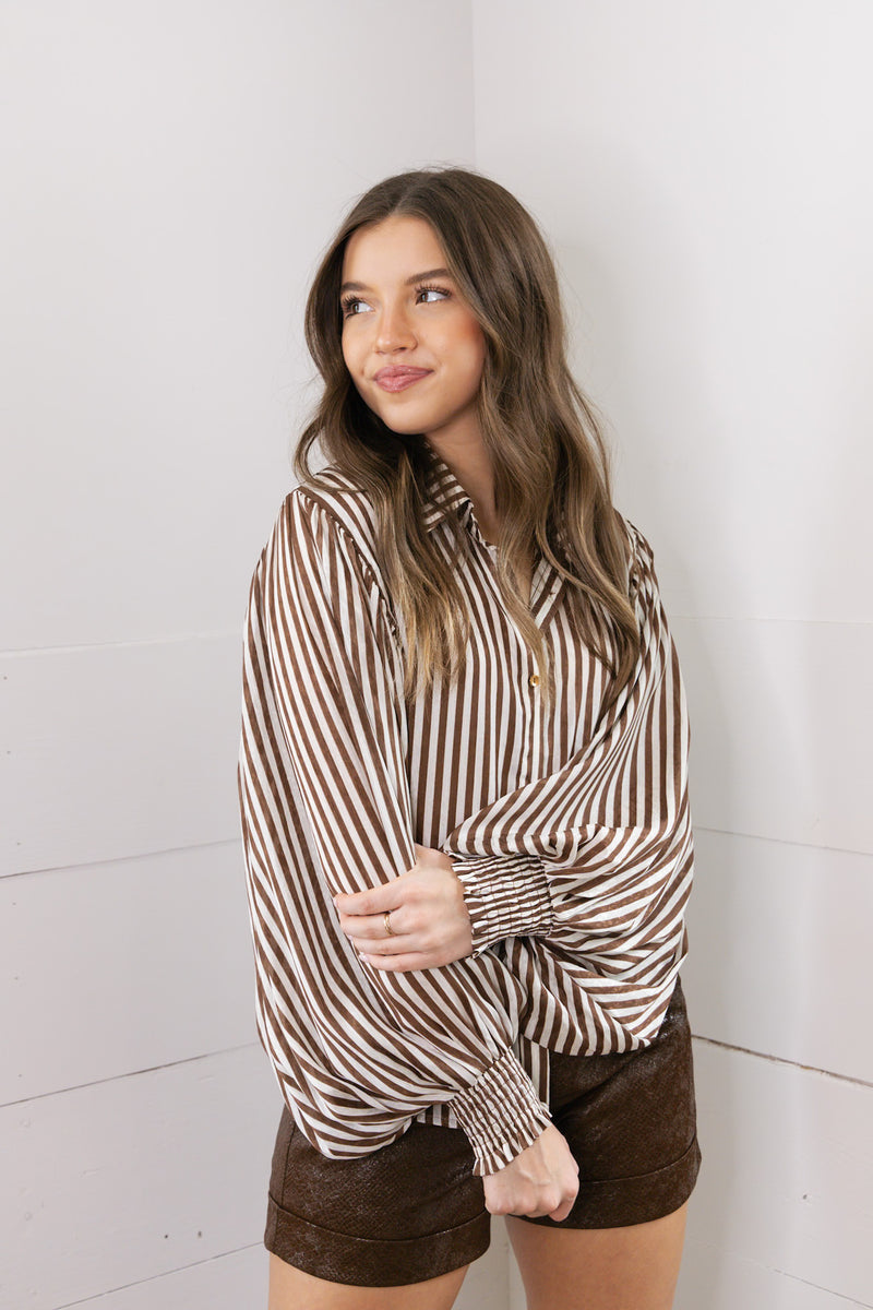 Sheer Bubble Sleeve Striped Blouse- Brown