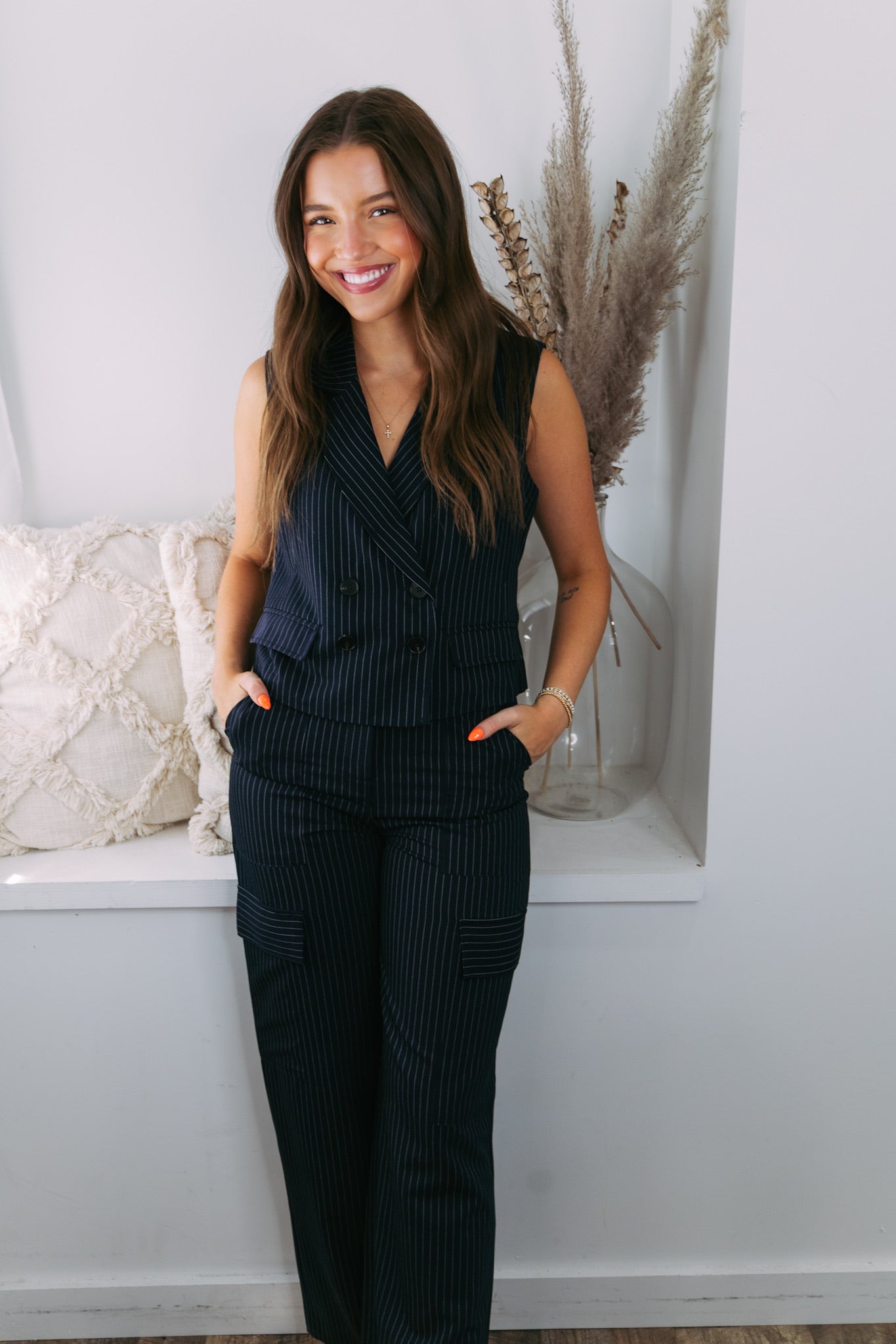 Pinstripe Double Breasted Vest - Navy