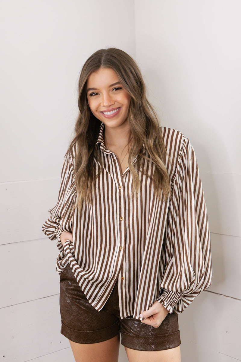 Sheer Bubble Sleeve Striped Blouse- Brown