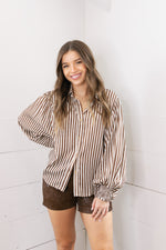 Sheer Bubble Sleeve Striped Blouse- Brown