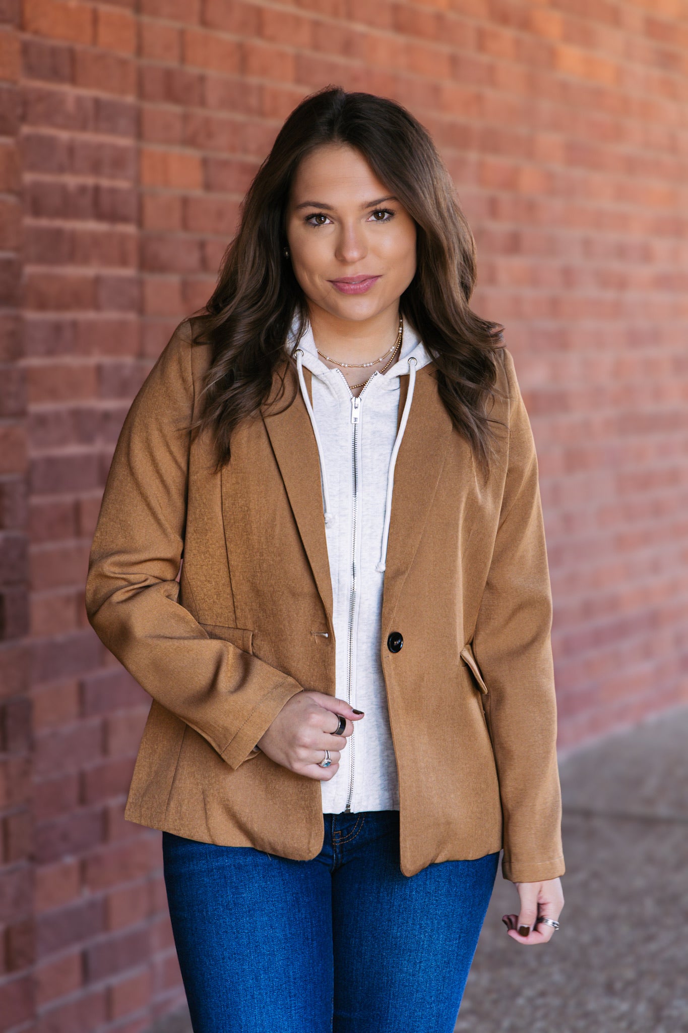Drew Blazer With Sweatshirt Insert- Caramel