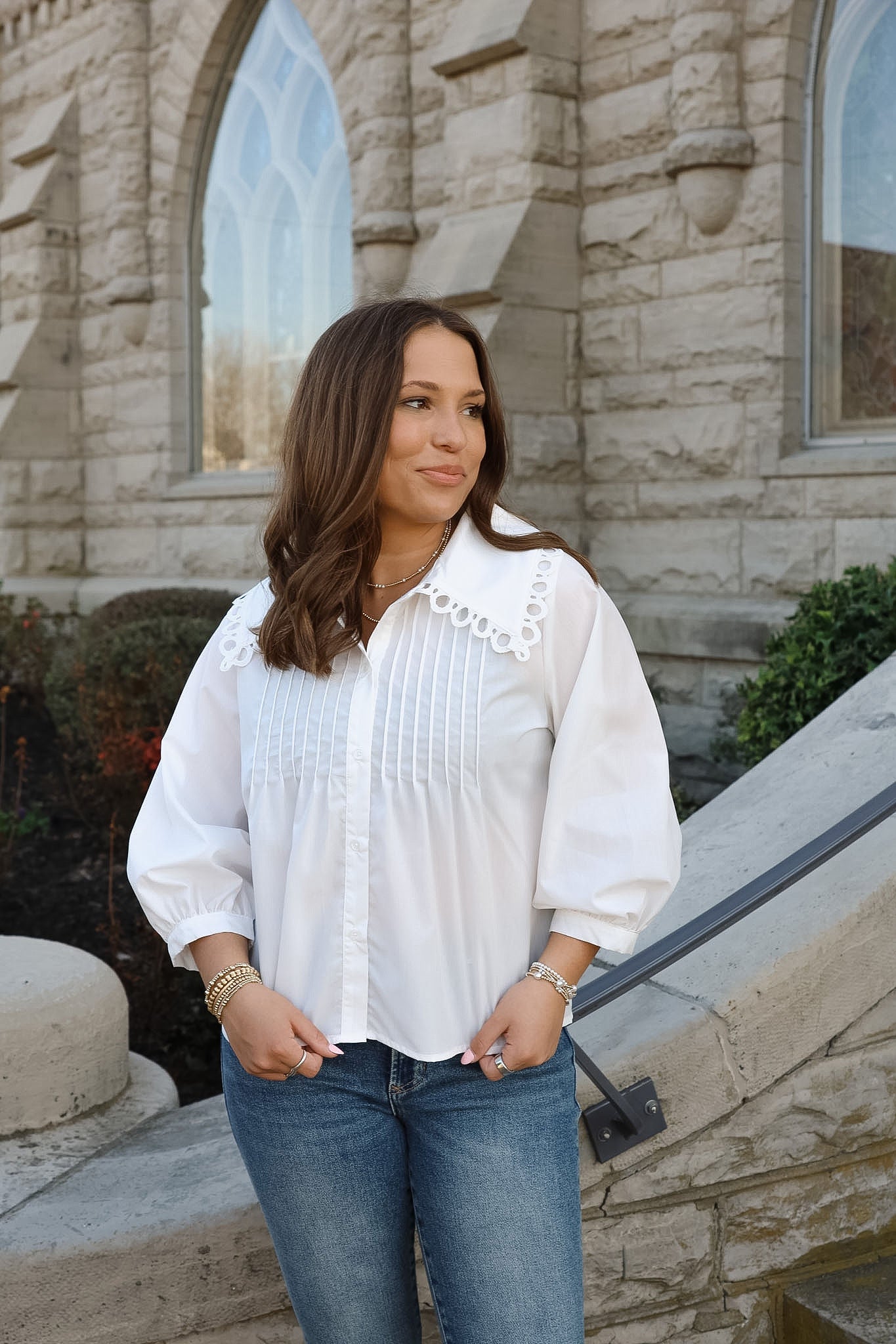 White Pin Tuck Collar Blouse