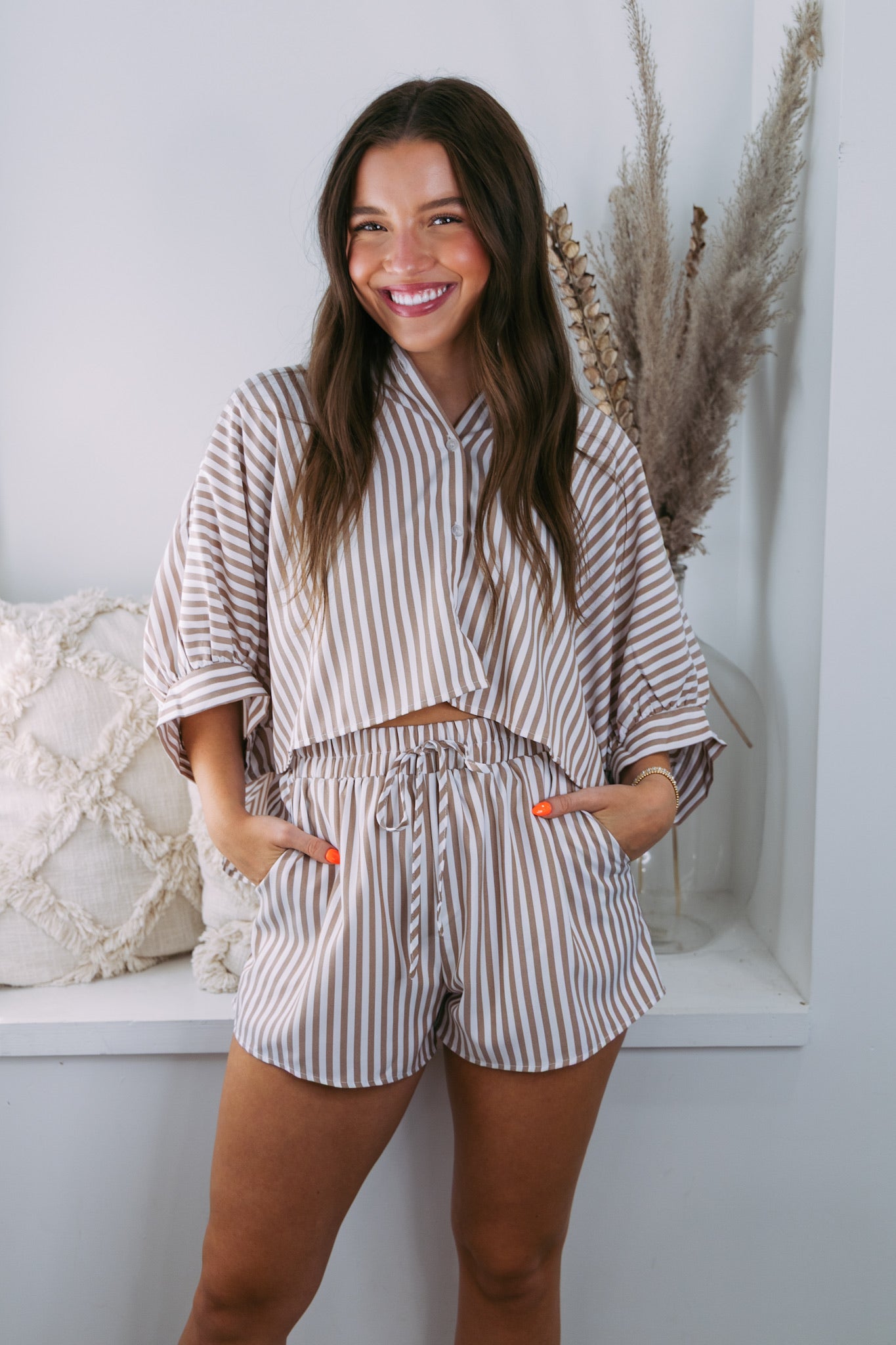 Charley Crop Button Front Top in Mocha Stripe