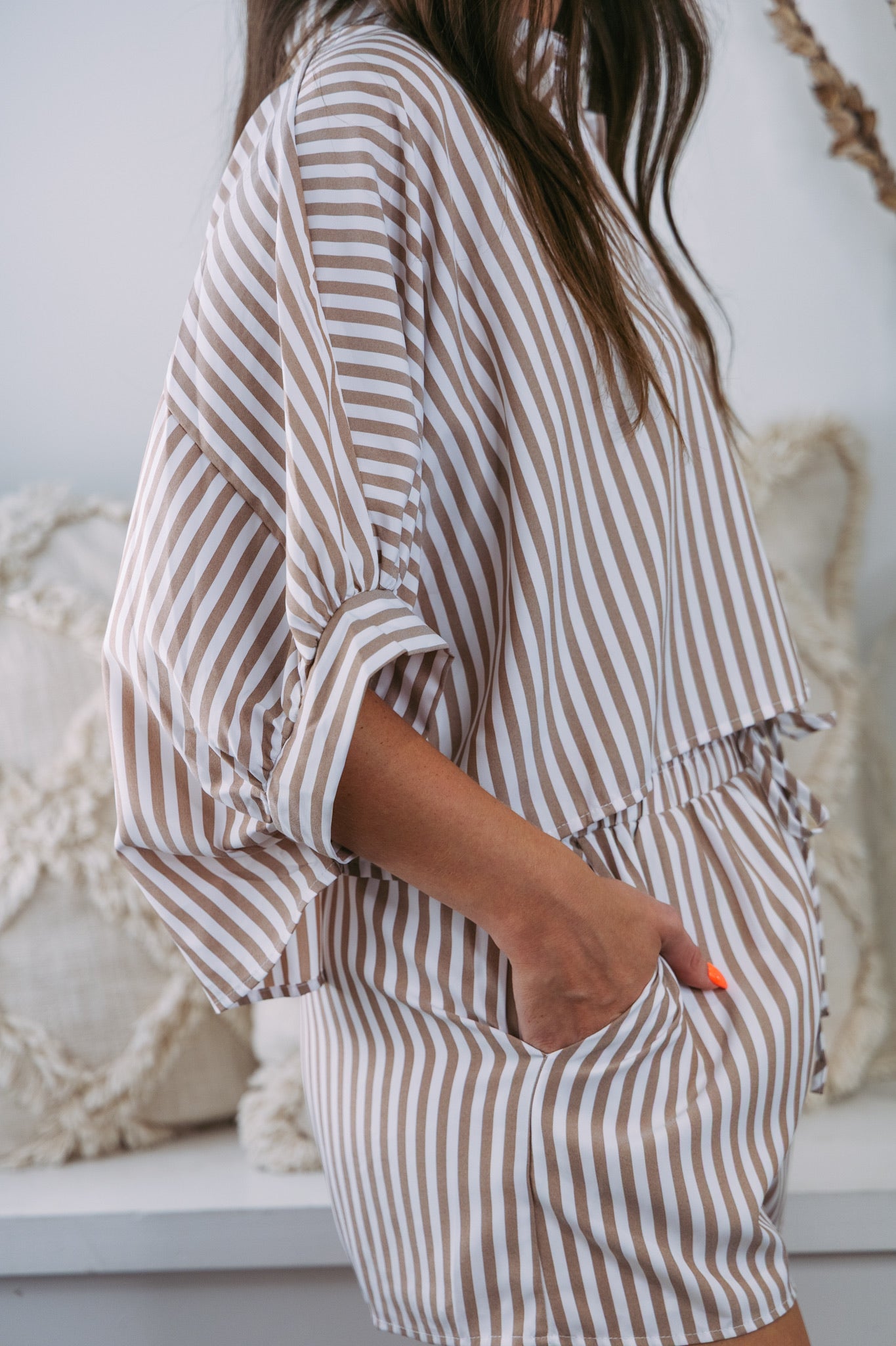 Charley Crop Button Front Top in Mocha Stripe