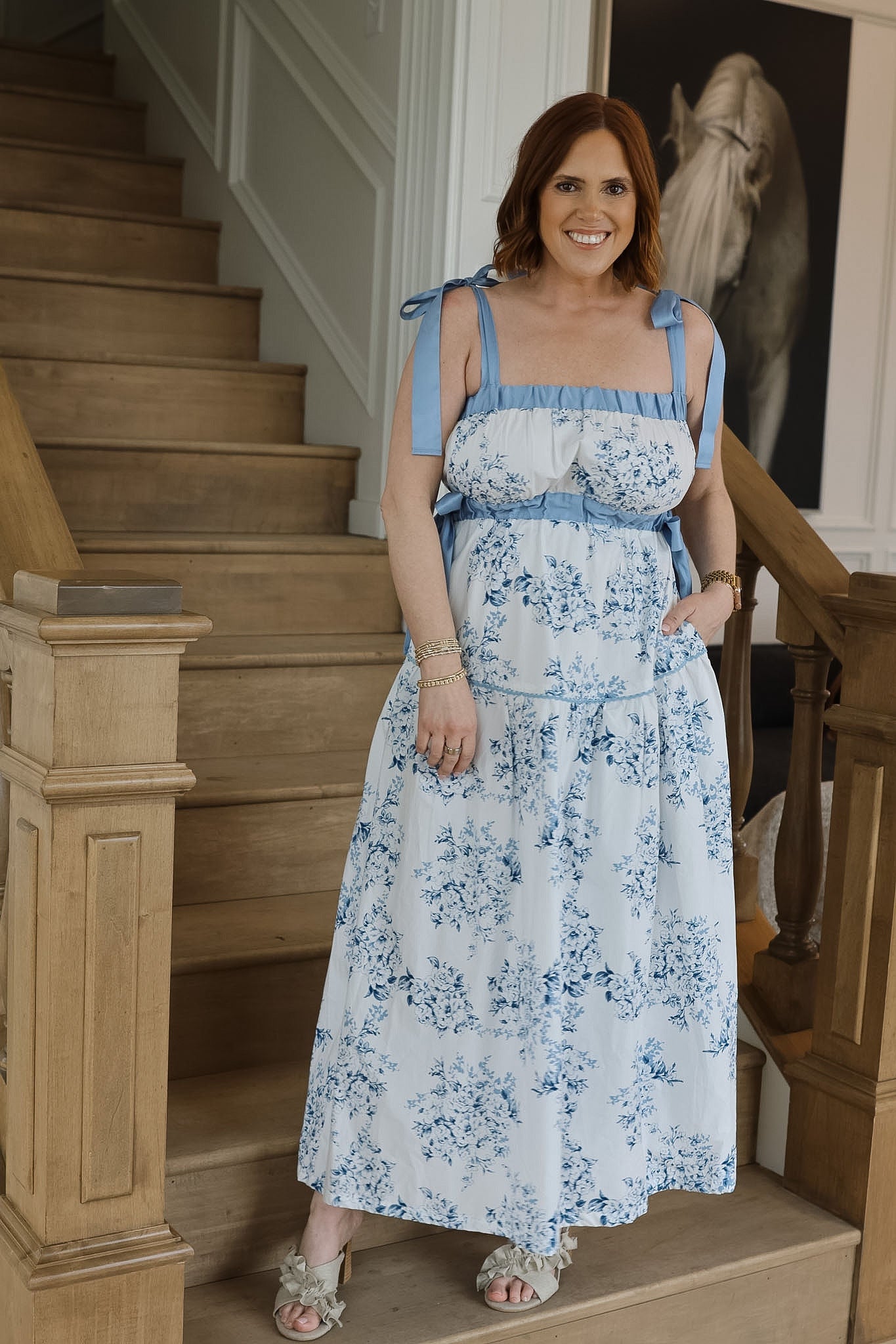 Blue and White Floral Toile Maxi Dress