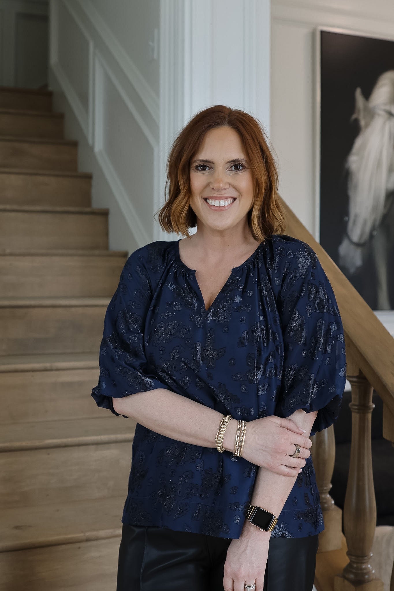 Navy Puff Sleeve Peasant Top