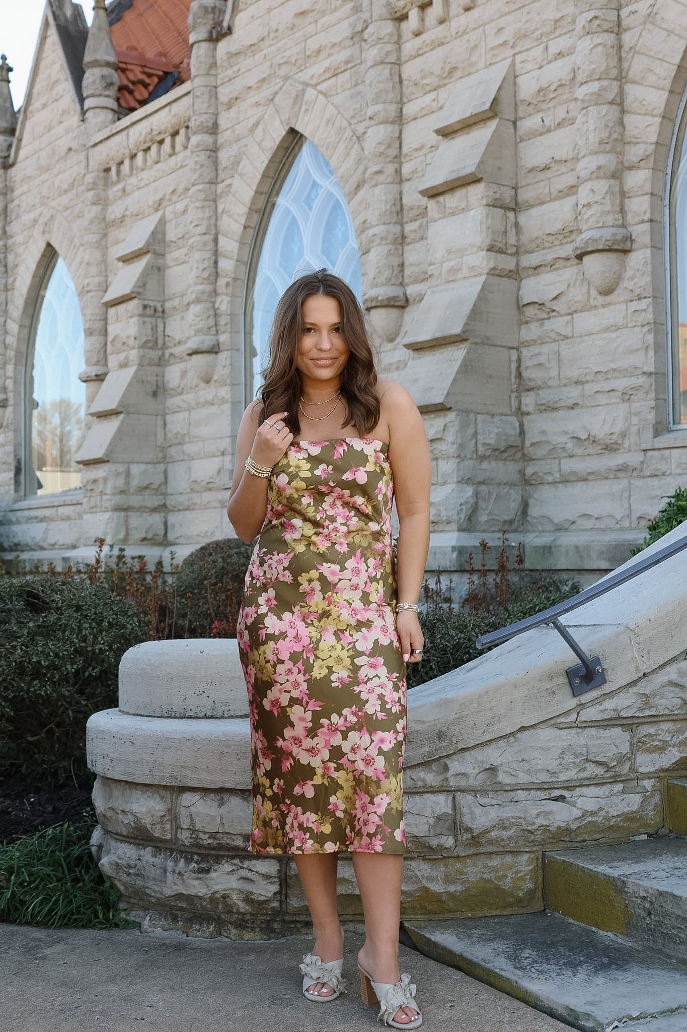Satin Strapless Floral Midi Dress