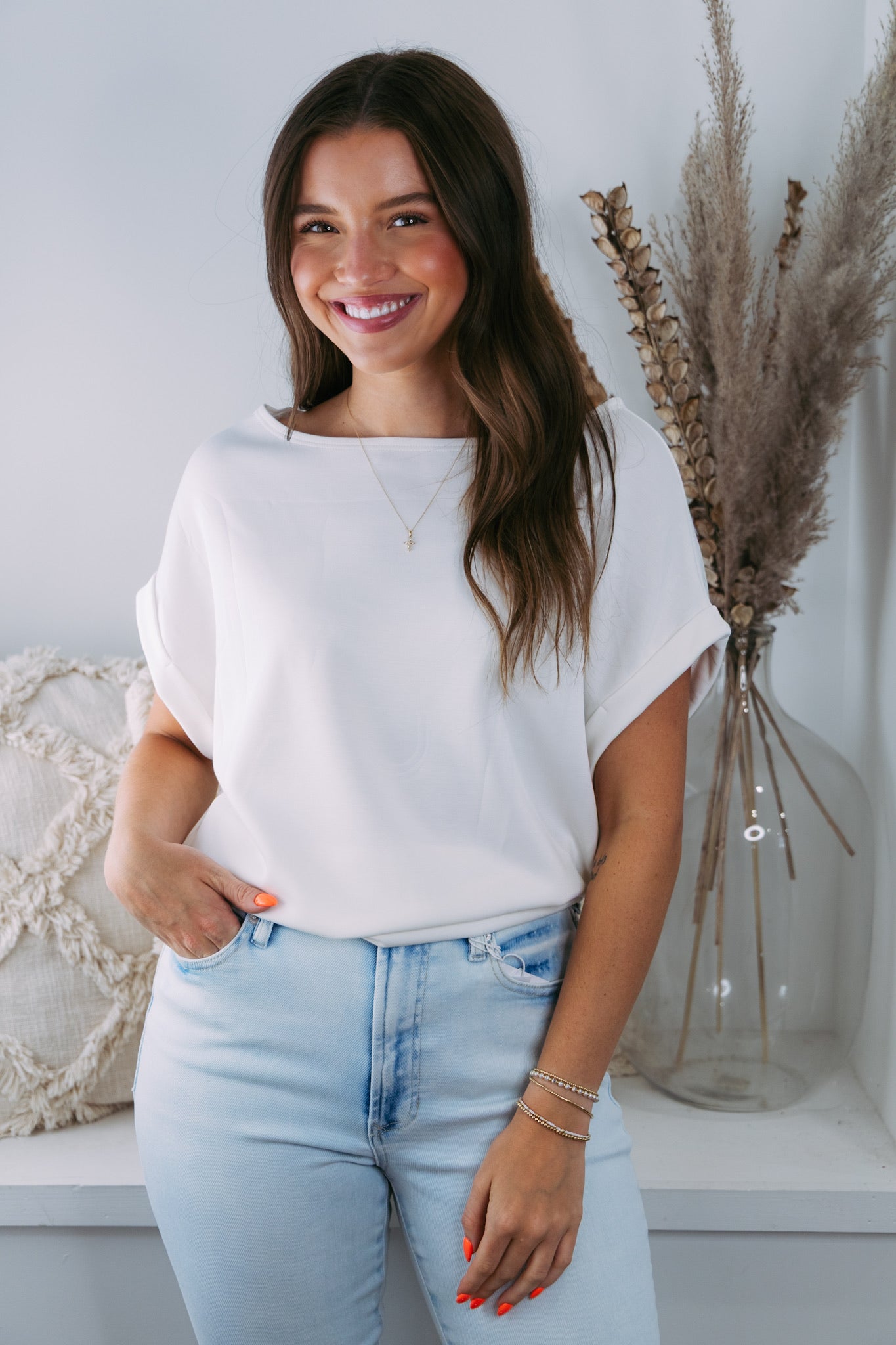 Boat Neck Cuffed Sleeve Top - White