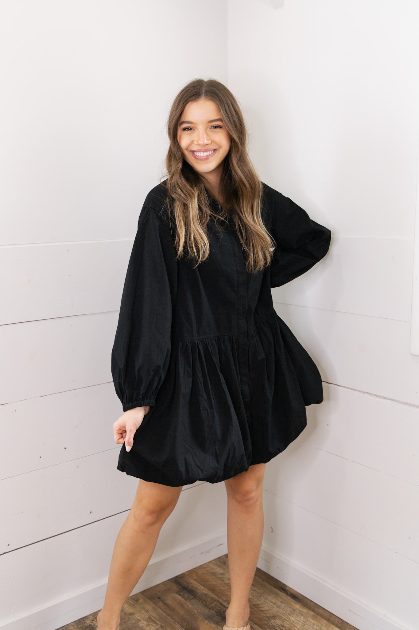 Brylee Button Down Bubble Dress - Black