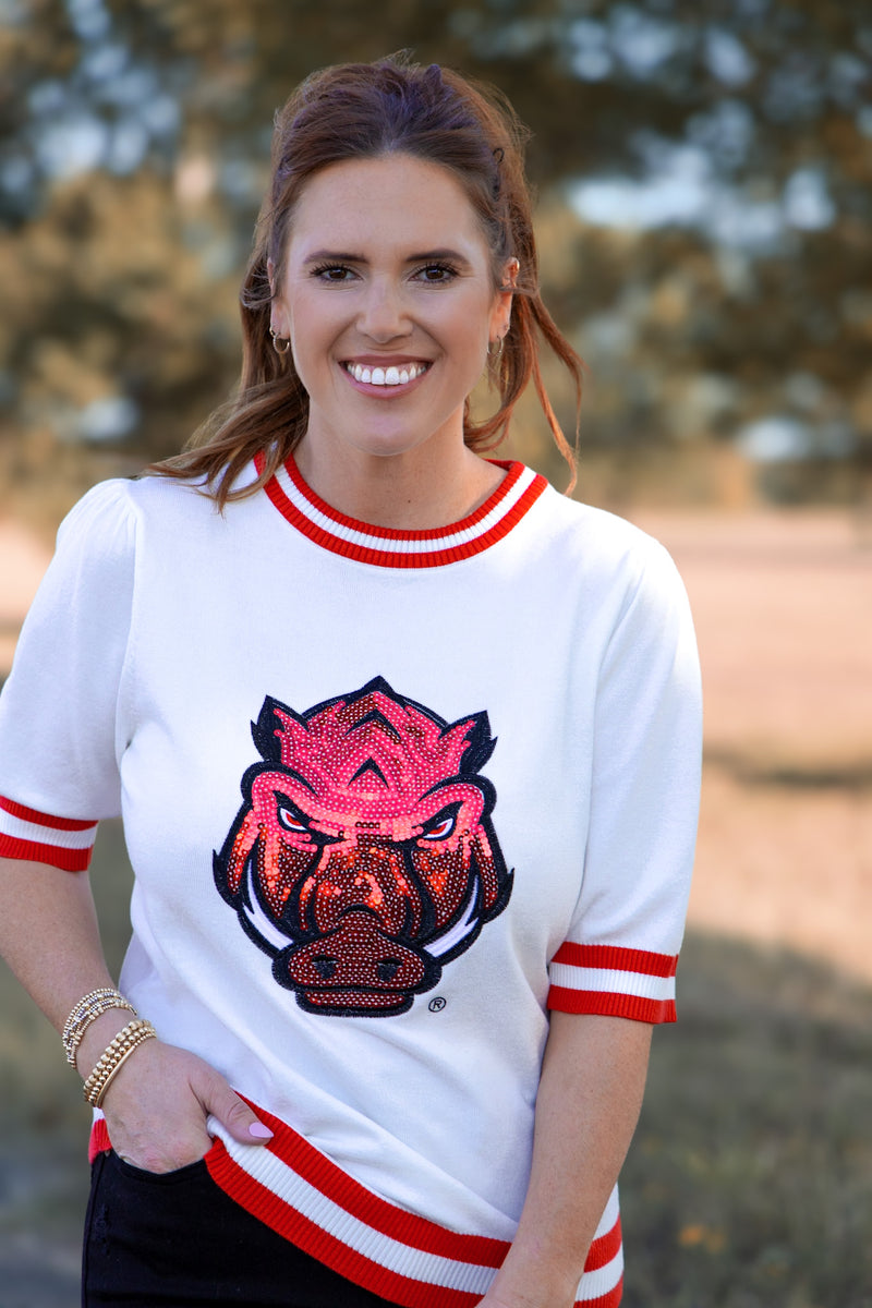 Sequined Arkansas Varsity Short Sleeve Sweater