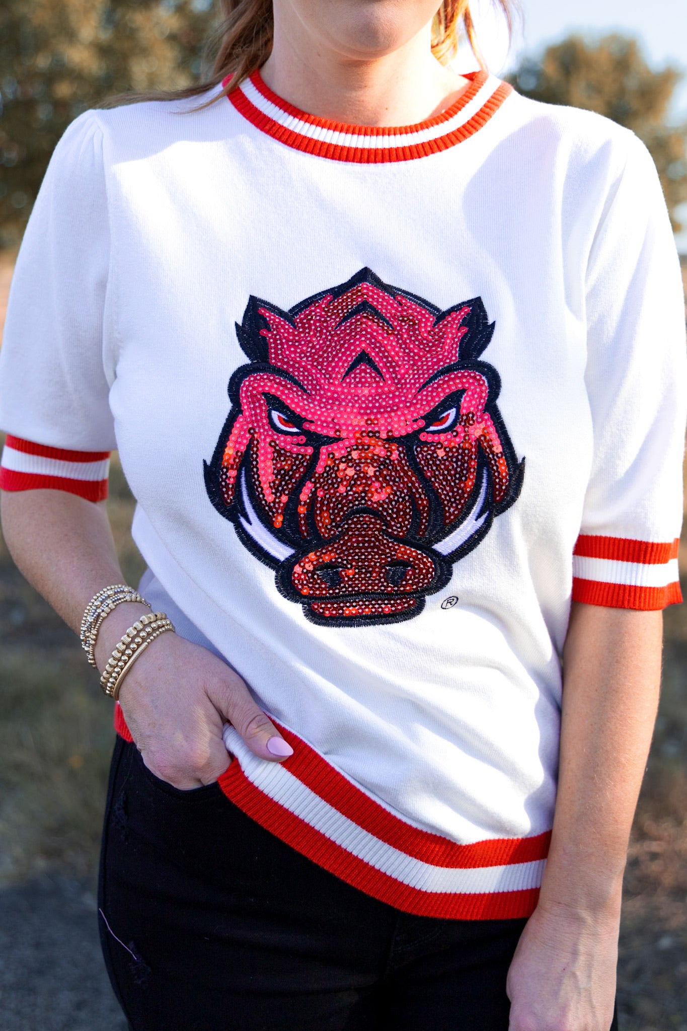 Sequined Arkansas Varsity Short Sleeve Sweater