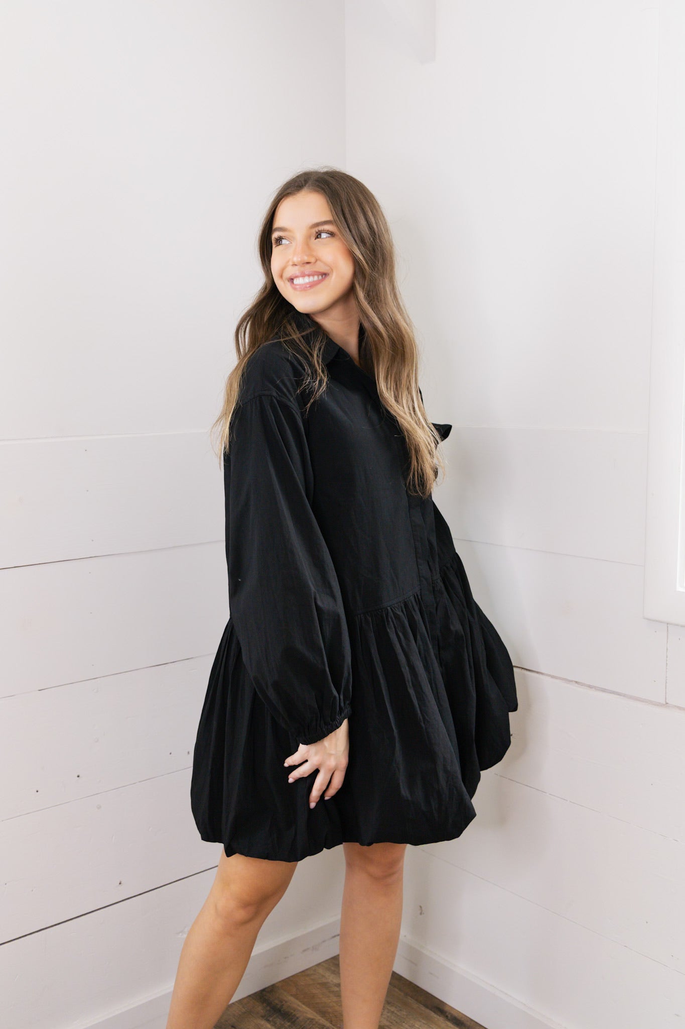 Brylee Button Down Bubble Dress - Black