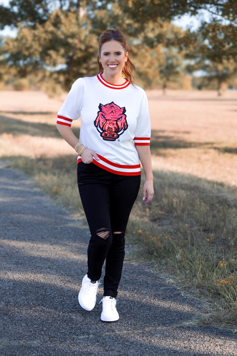 Sequined Arkansas Varsity Short Sleeve Sweater