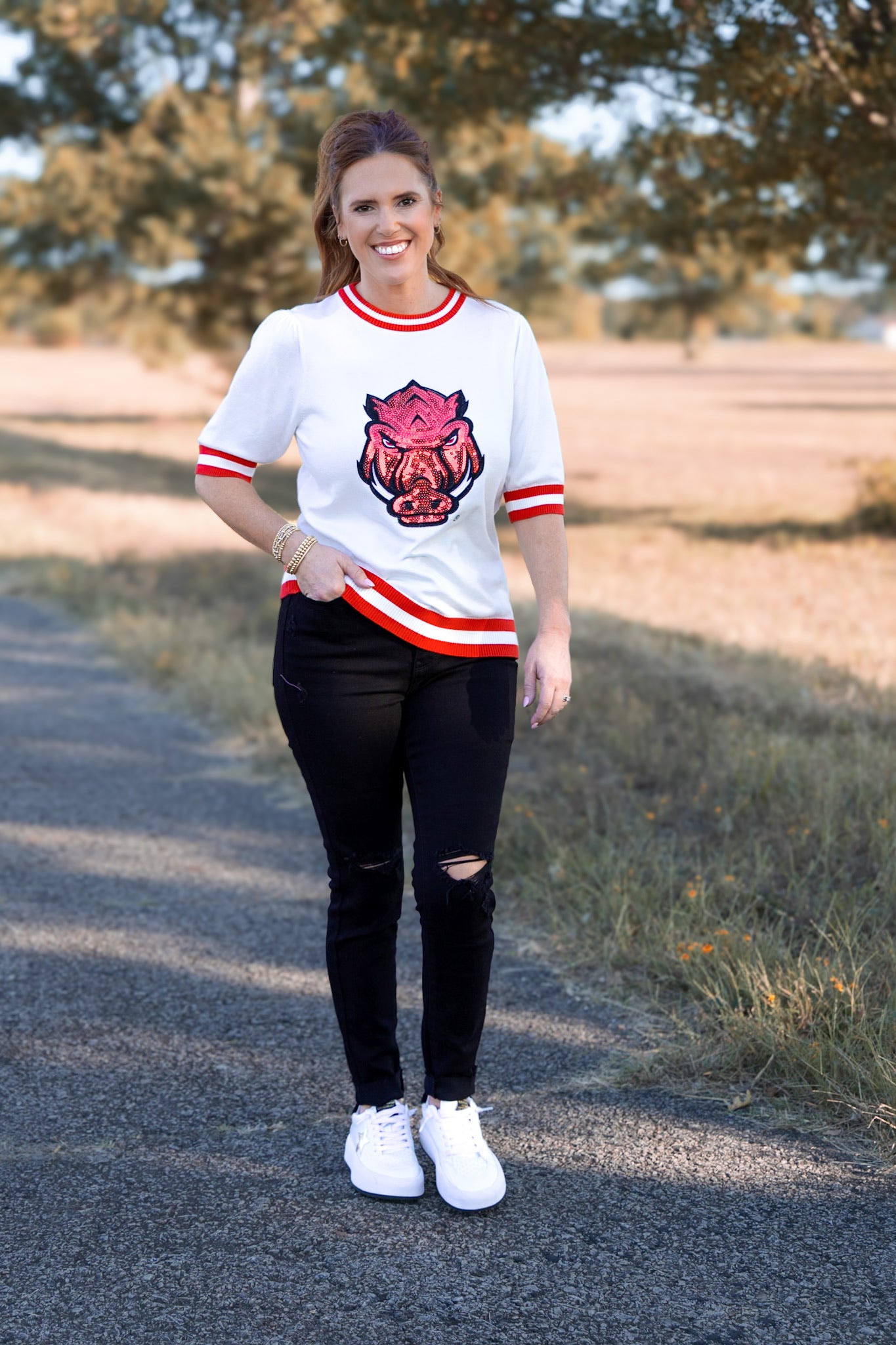 Sequined Arkansas Varsity Short Sleeve Sweater