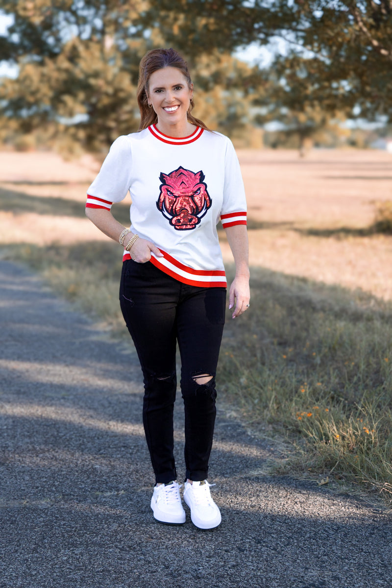 Sequined Arkansas Varsity Short Sleeve Sweater