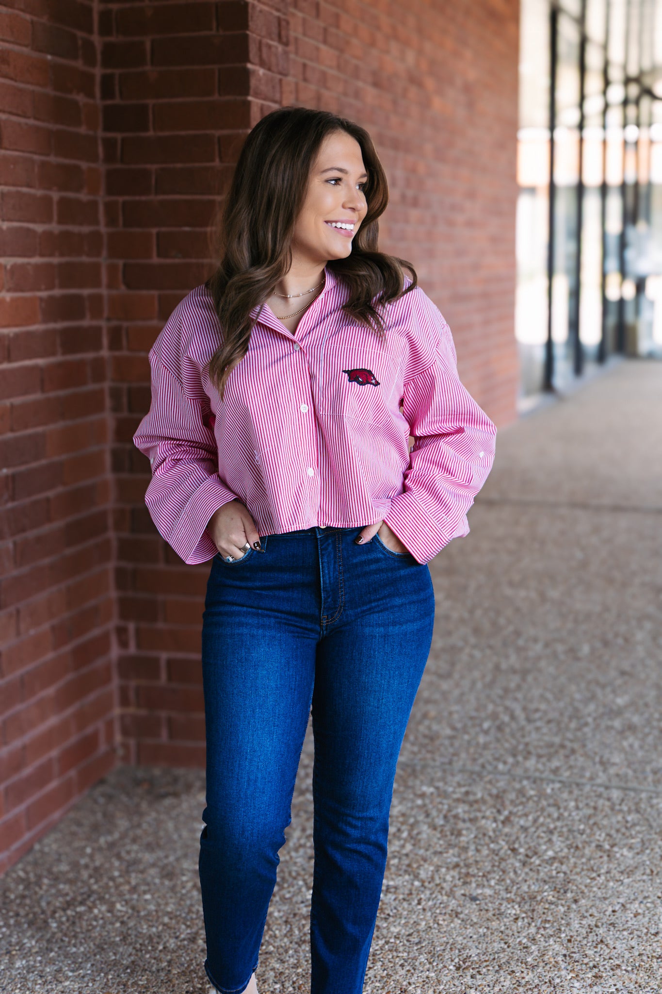 Arkansas Logo Patch Striped Button Front Top