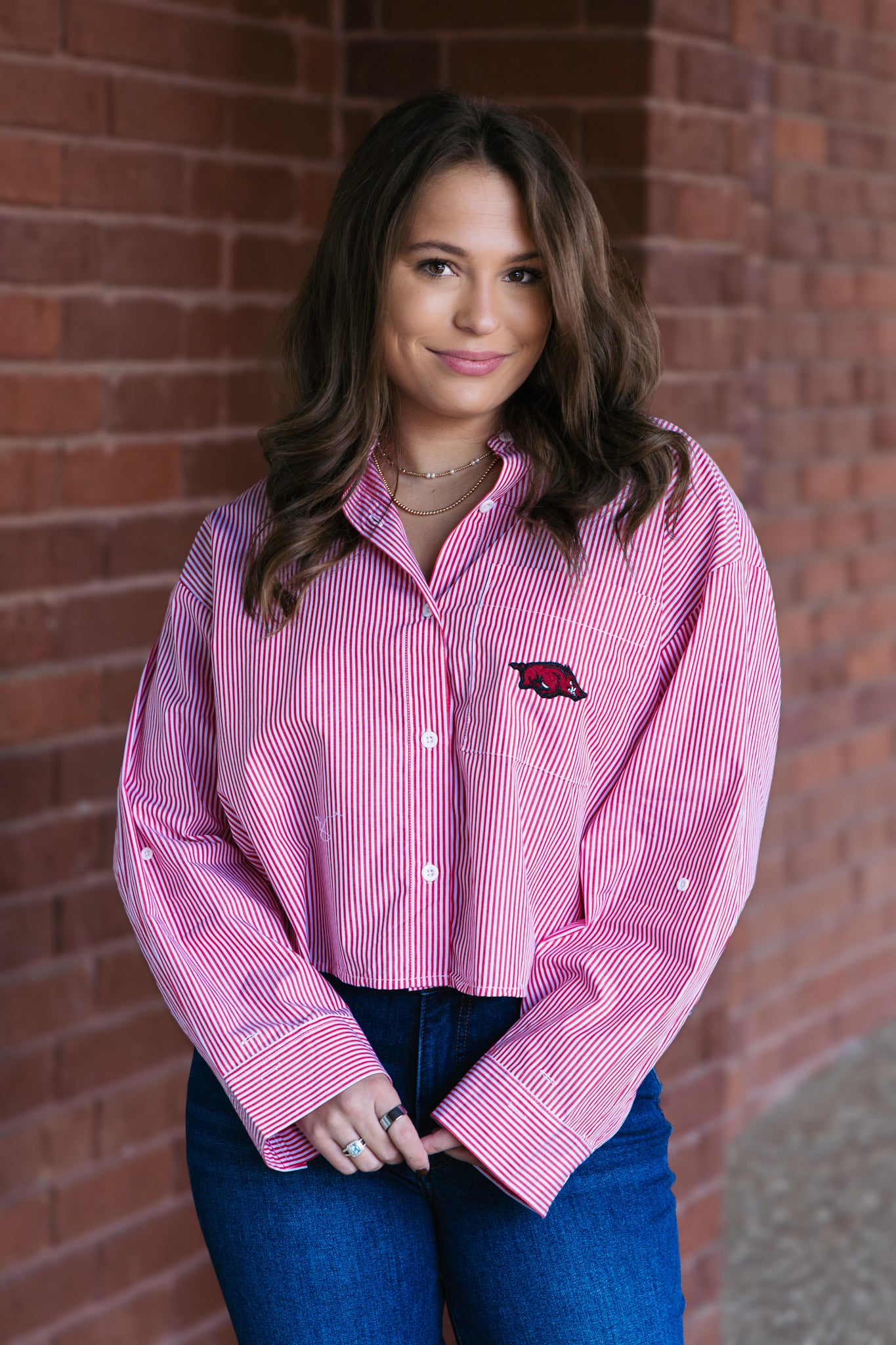 Arkansas Logo Patch Striped Button Front Top