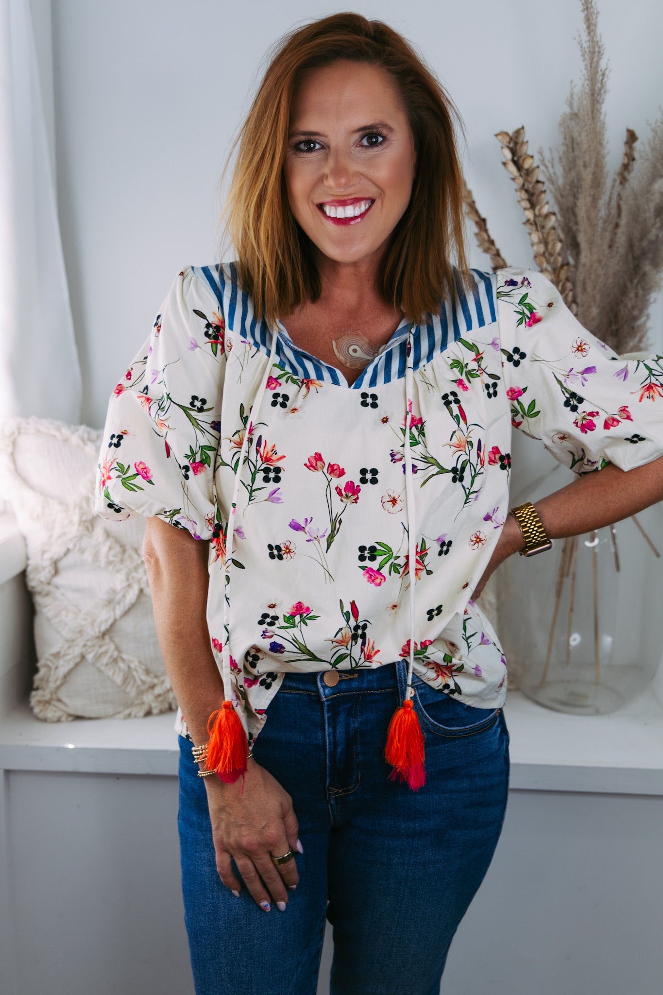 Floral and Stripe Mixed Tassel Top