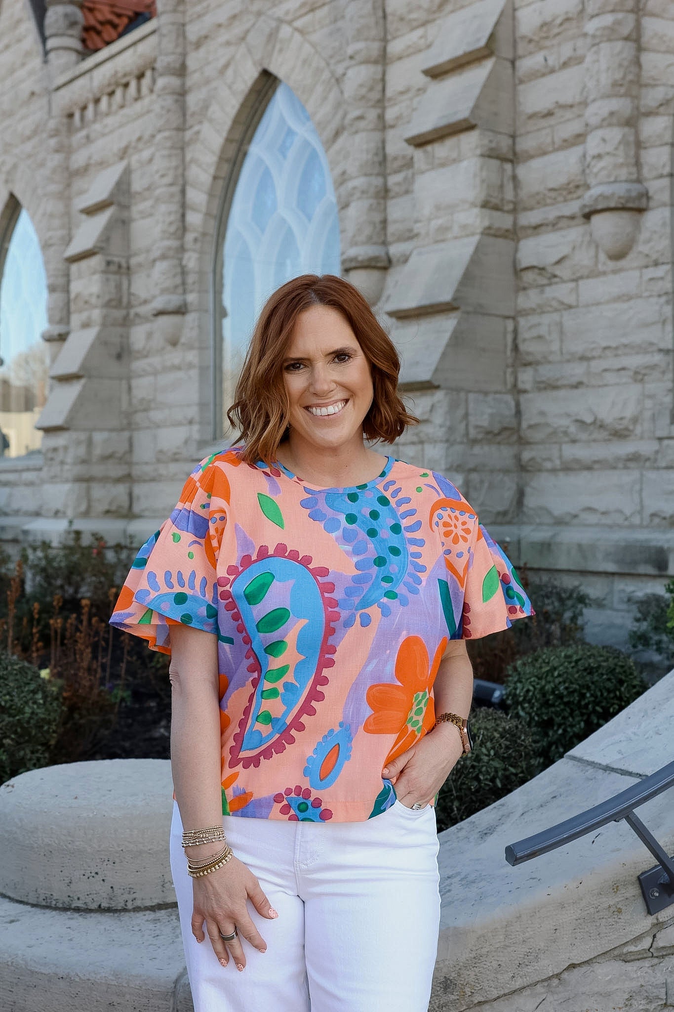 Happy Hibiscus Shoulder Pleated Top