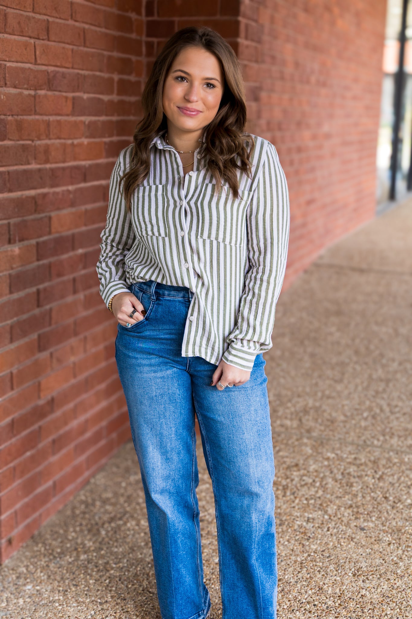 Olive Striped Button Front Gauze Top