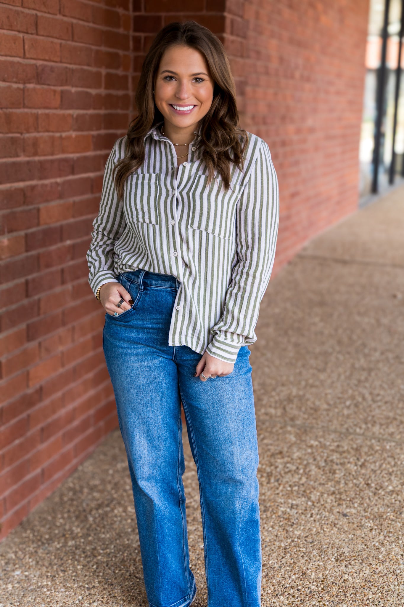 Olive Striped Button Front Gauze Top