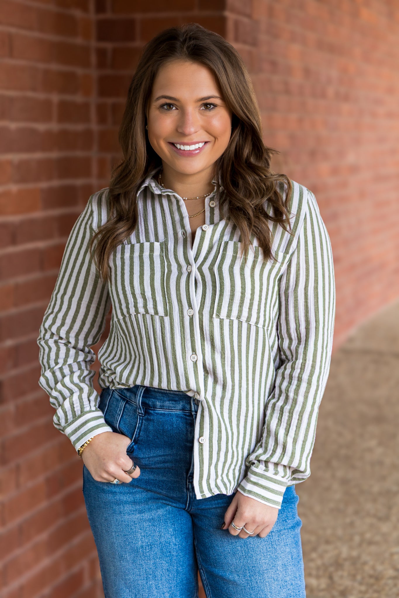 Olive Striped Button Front Gauze Top