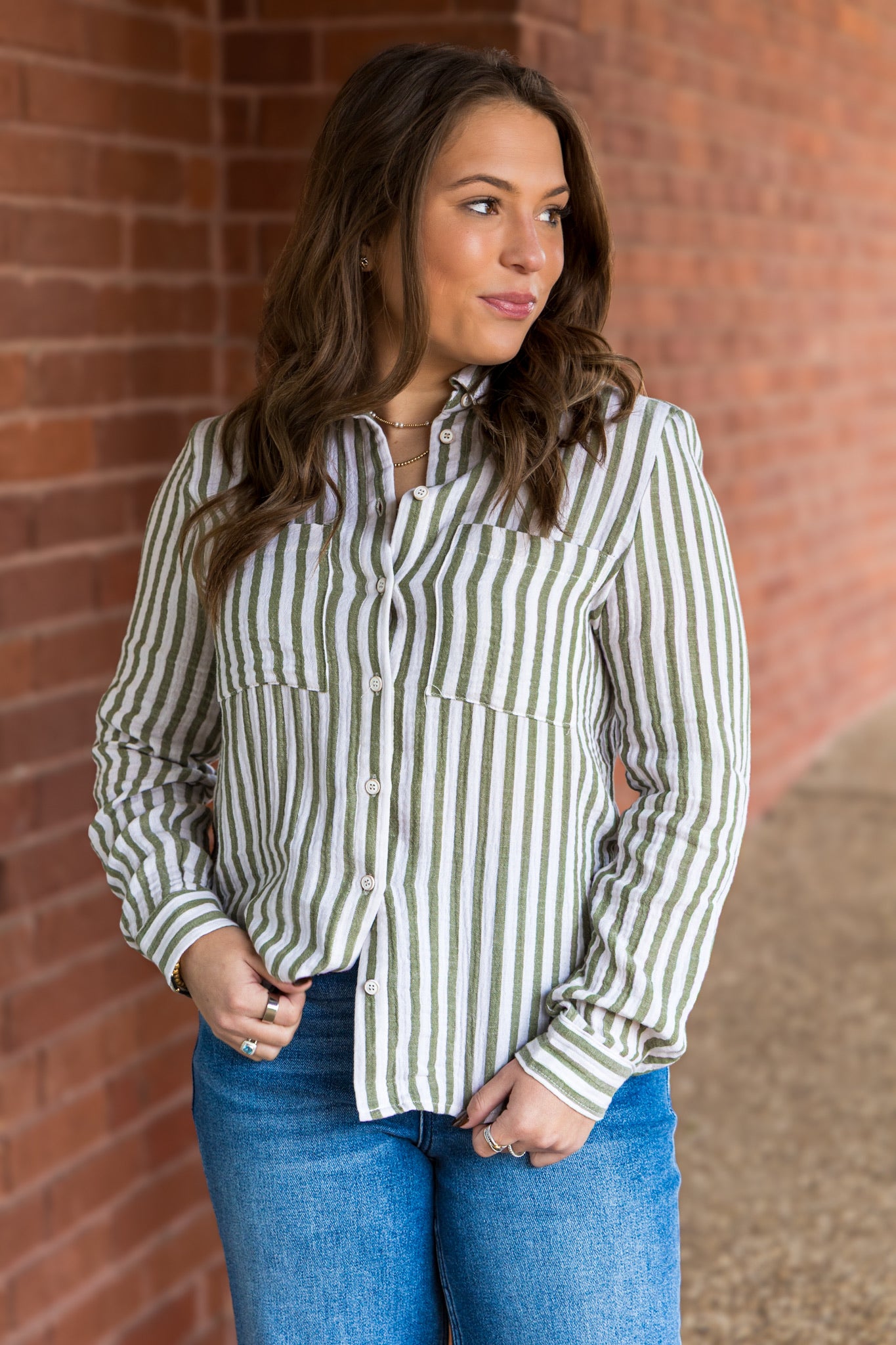 Olive Striped Button Front Gauze Top