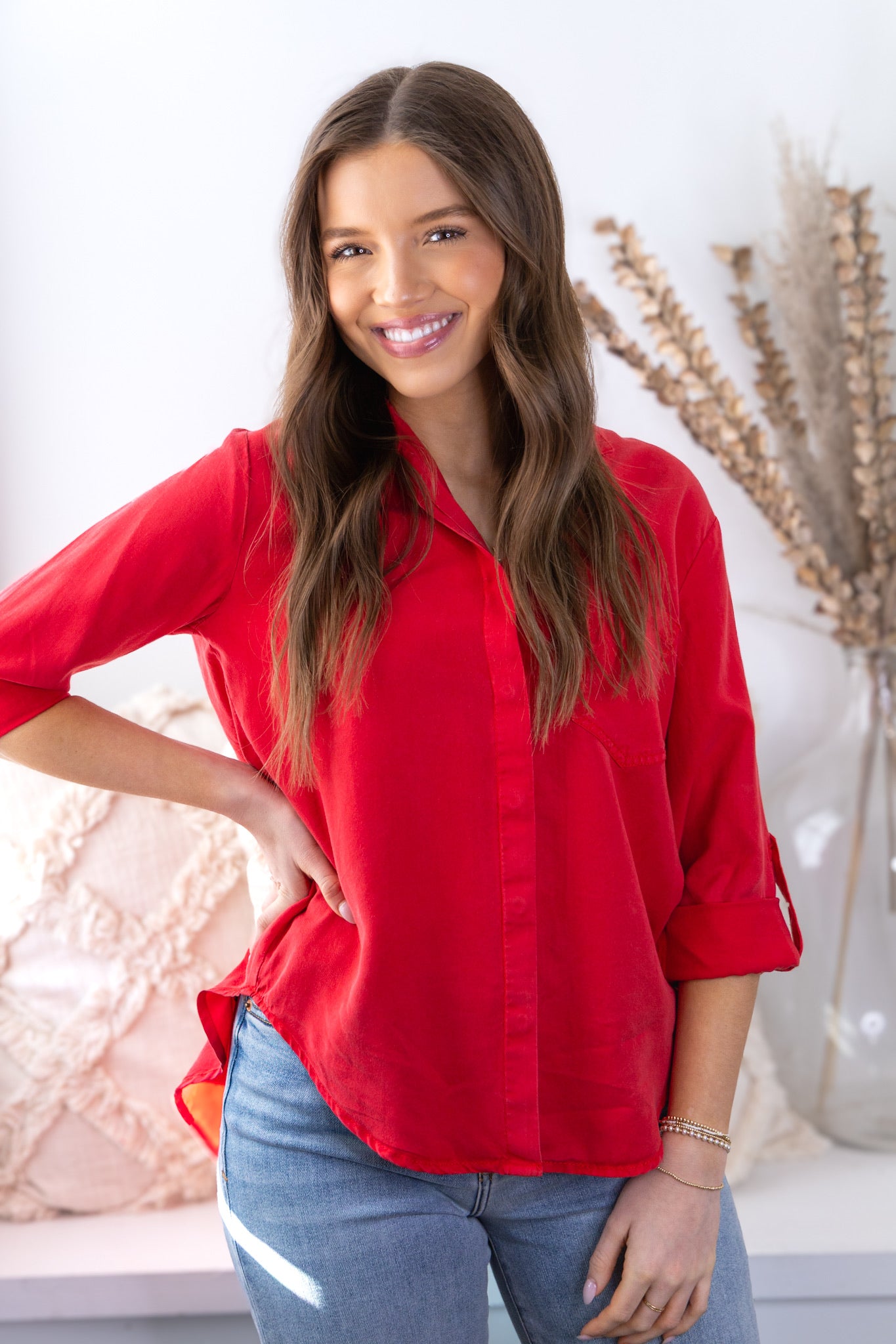 Rita Tencel Button Front Top - Red