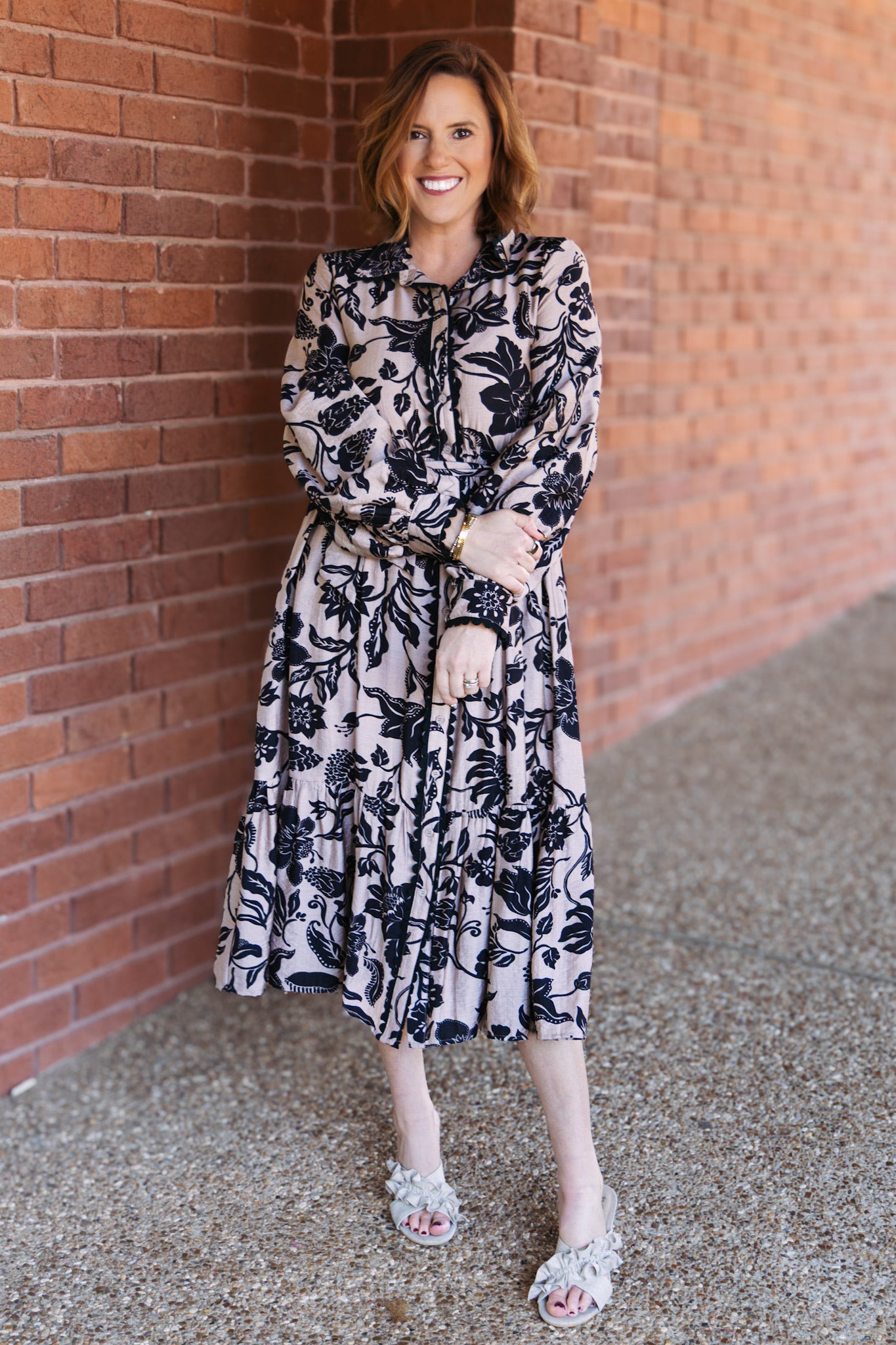 Fall Neutral Floral Button Down Midi Dress